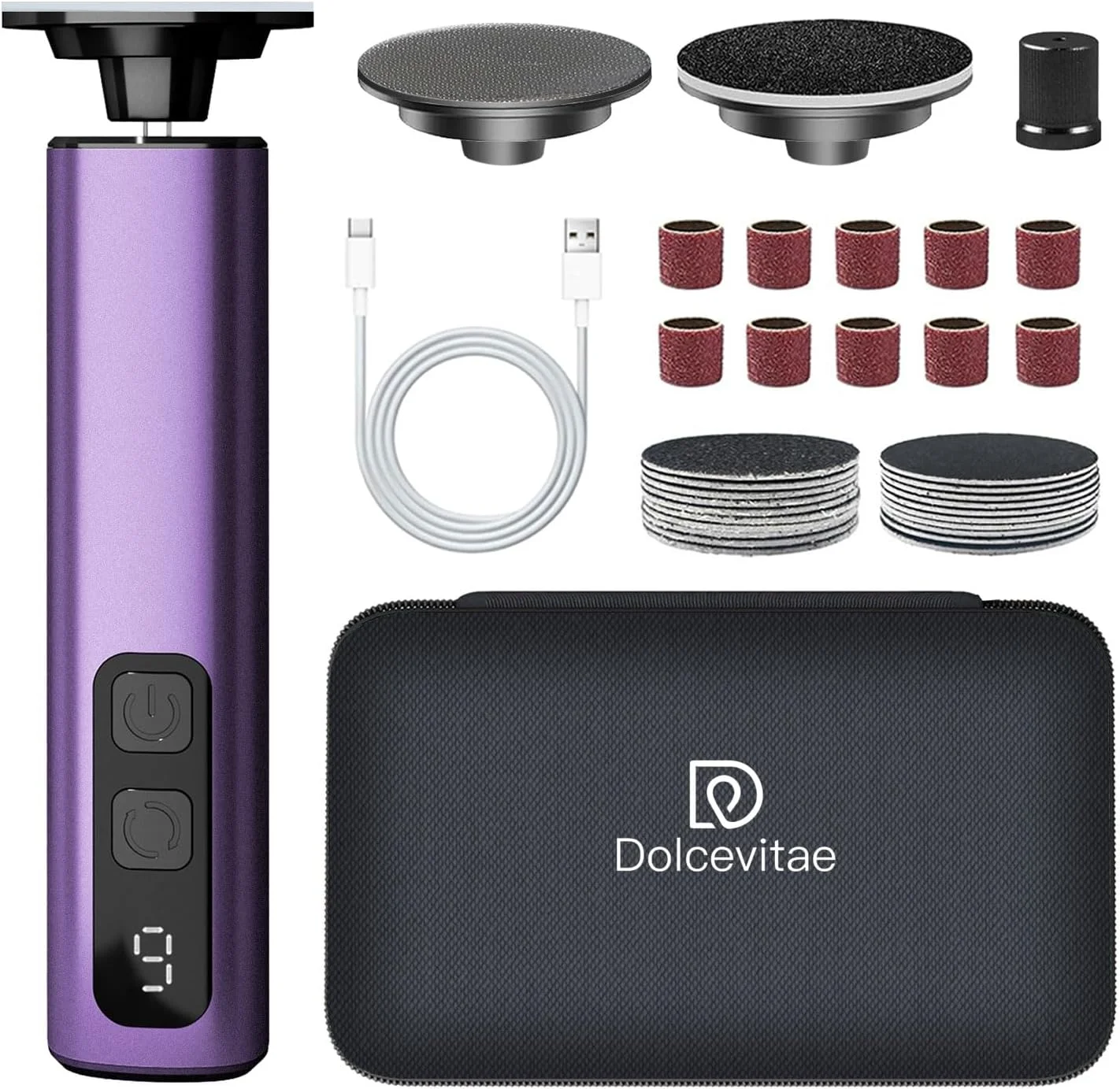 سوهان برقی پدیکور پا Dolcevitae - دارای 9 سرعت با دیسک سنگ زنی کریستال شیشه ای و جعبه نگهداری، 20 عدد کاغذ سنباده 80/120، 10 سری ناخن، شارژ سریع Type-C برای پوست های مرده سوهان برقی پدیکور پا Dolcevitae - دارای 9 سرعت با دیسک سنگ زنی کریستال شیشه ای و جعبه نگهداری، 20 عدد کاغذ سنباده 80/120، 10 سری ناخن، شارژ سریع Type-C برای پوست های مرده