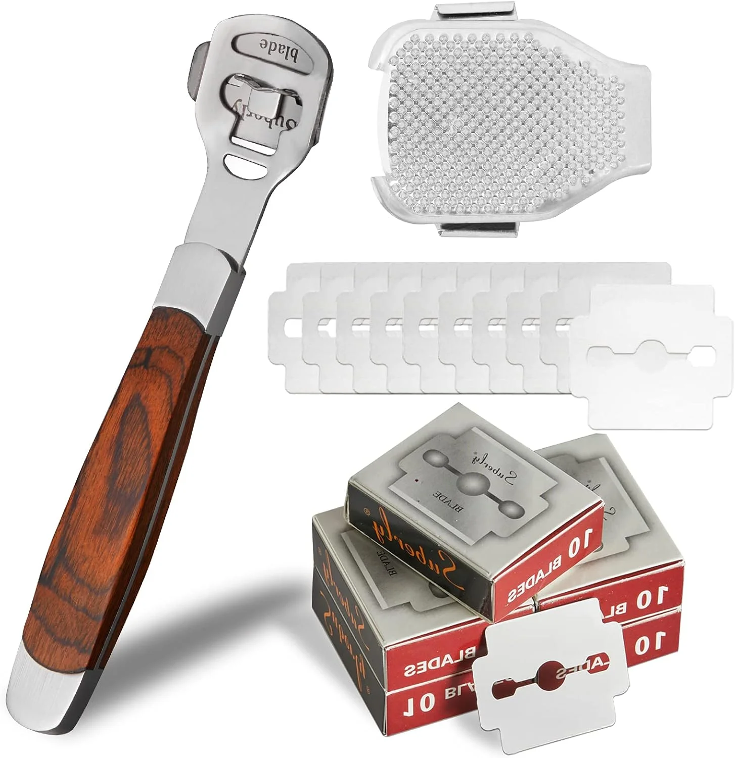 مجموعه 52 عددی رنده پینه پا، 1 عدد تیغ پا استیل ضد زنگ با دسته چوبی به همراه 50 تیغه یدکی و 1 عدد سر سوهان پا، ابزار مراقبت از پا، رنده پینه پا، از بین برنده پوست خشک و سخت دست و پا مجموعه 52 عددی رنده پینه پا، 1 عدد تیغ پا استیل ضد زنگ با دسته چوبی به همراه 50 تیغه یدکی و 1 عدد سر سوهان پا، ابزار مراقبت از پا، رنده پینه پا، از بین برنده پوست خشک و سخت دست و پا