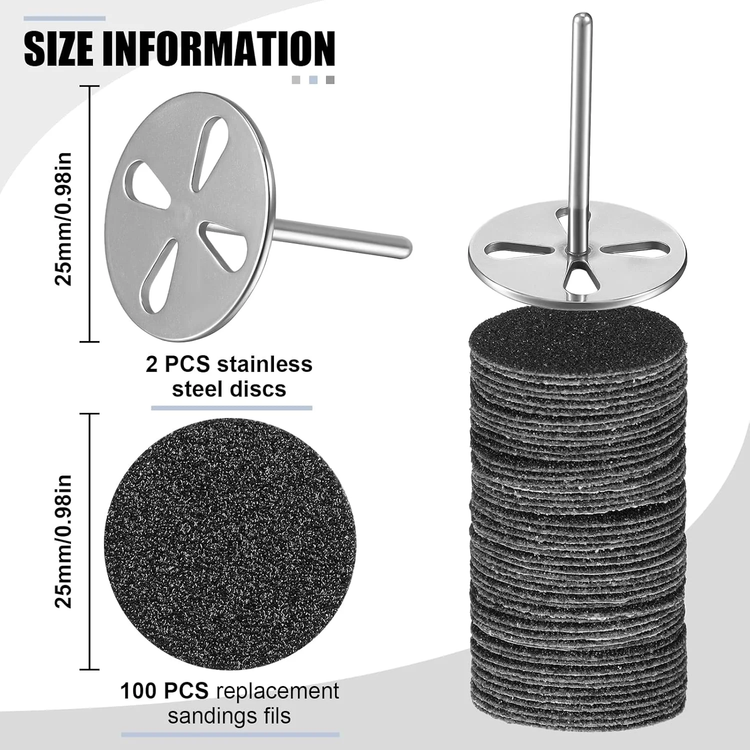 مجموعه 102 عددی چومیا شامل دیسک استیل ضد زنگ 25 میلی متری، کاغذ سنباده سوهان پا، دیسک کاغذ سنباده، مته ناخن، شفت فلزی، پدهای سنباده قابل تعویض برای سوهان های برقی پا، گریت 80