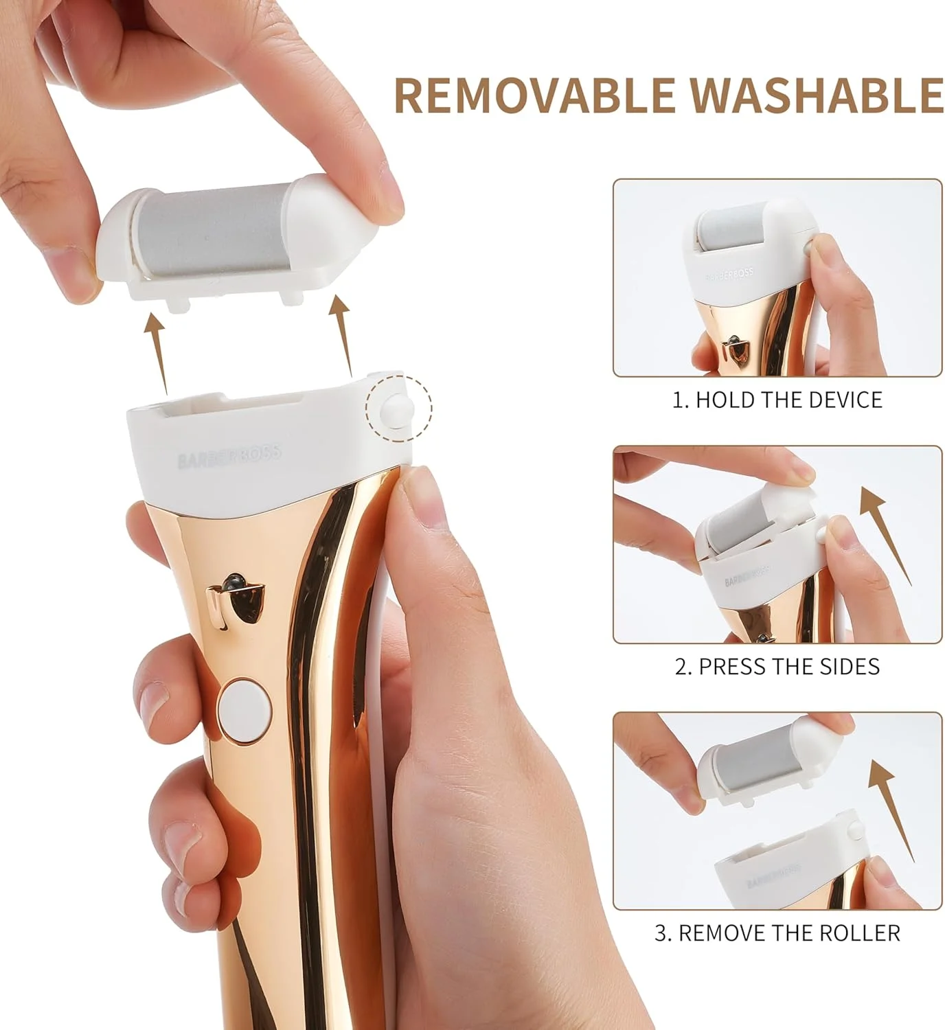 سوهان پدیکور شارژی Barberboss، از بین برنده پوست سفت پا، کیت ضد آب برقی با 3 غلتک، دو سرعته، شارژ USB و نمایشگر LED، ست پدیکور برای پاشنه های ترک خورده و پاهای صاف (طلایی)