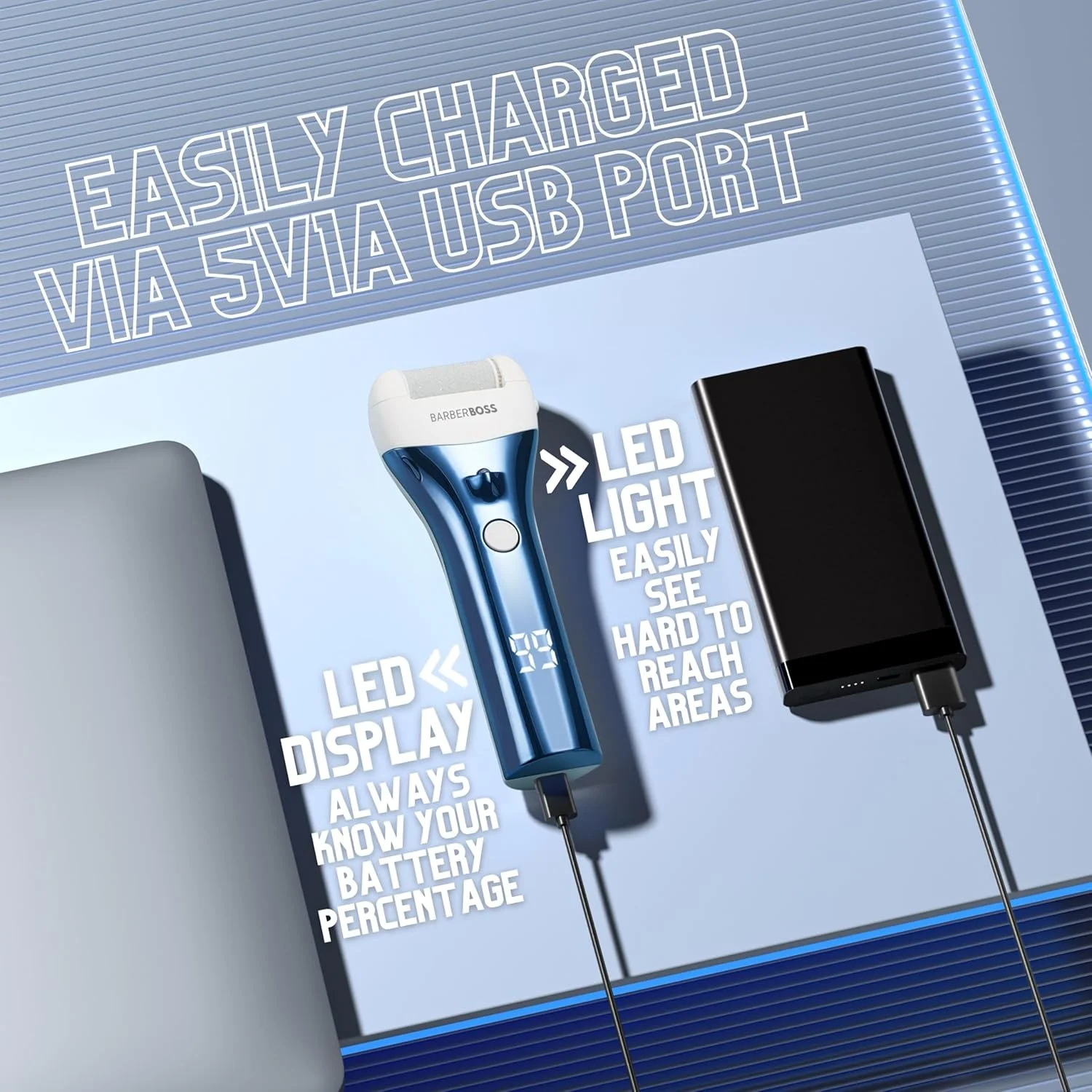 سوهان برقی پا BarberBoss - از بین برنده پوست سفت، سوهان پا برای پوست سفت، از بین برنده برقی پوست سفت پا، ست حرفه ای پدیکور پا (آبی)