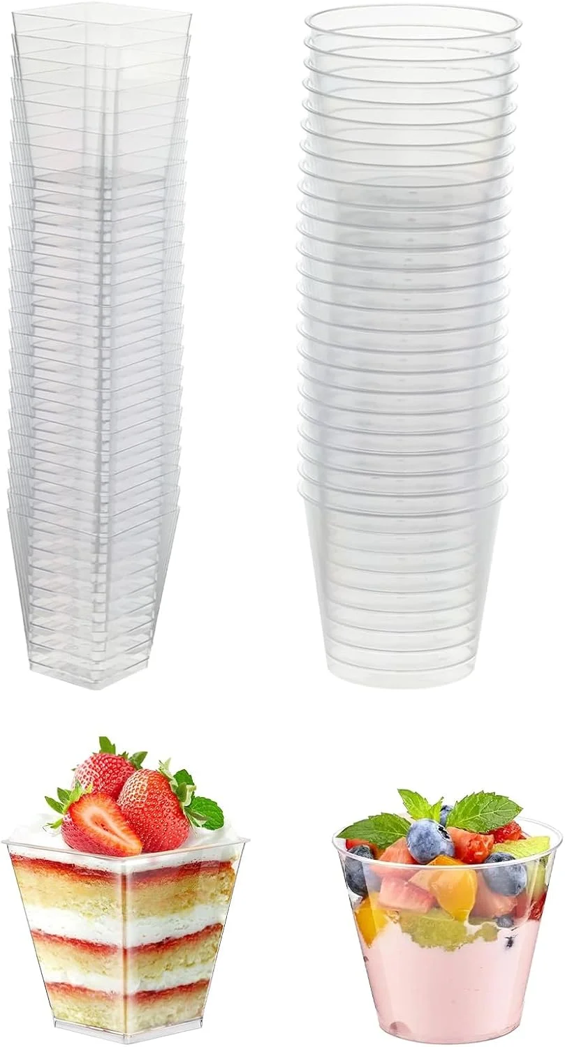 ظروف دسر پلاستیکی Giteo، بسته 50 عددی شامل لیوان دسر مربعی، کاسه دسر، فنجان دسر گرد با قاشق برای پودینگ موس، فنجان دسر برای عروسی ها، مهمانی ها