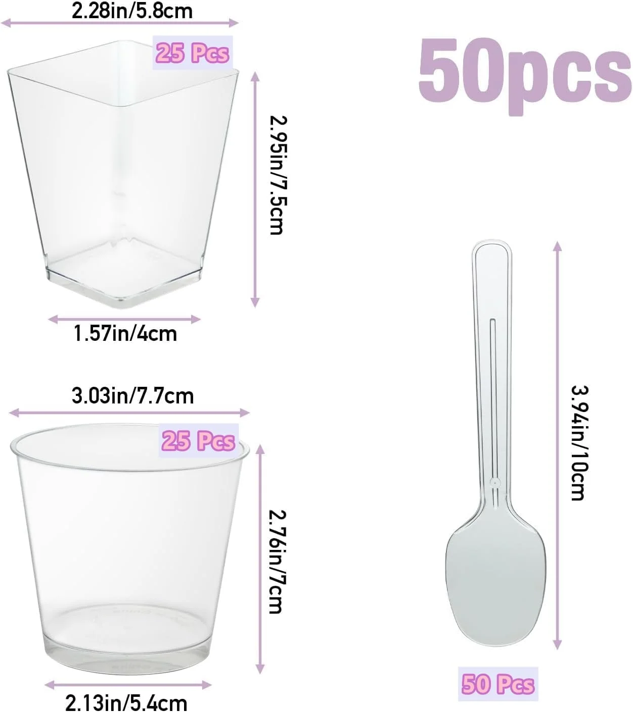 ظروف دسر پلاستیکی Giteo، بسته 50 عددی شامل لیوان دسر مربعی، کاسه دسر، فنجان دسر گرد با قاشق برای پودینگ موس، فنجان دسر برای عروسی ها، مهمانی ها