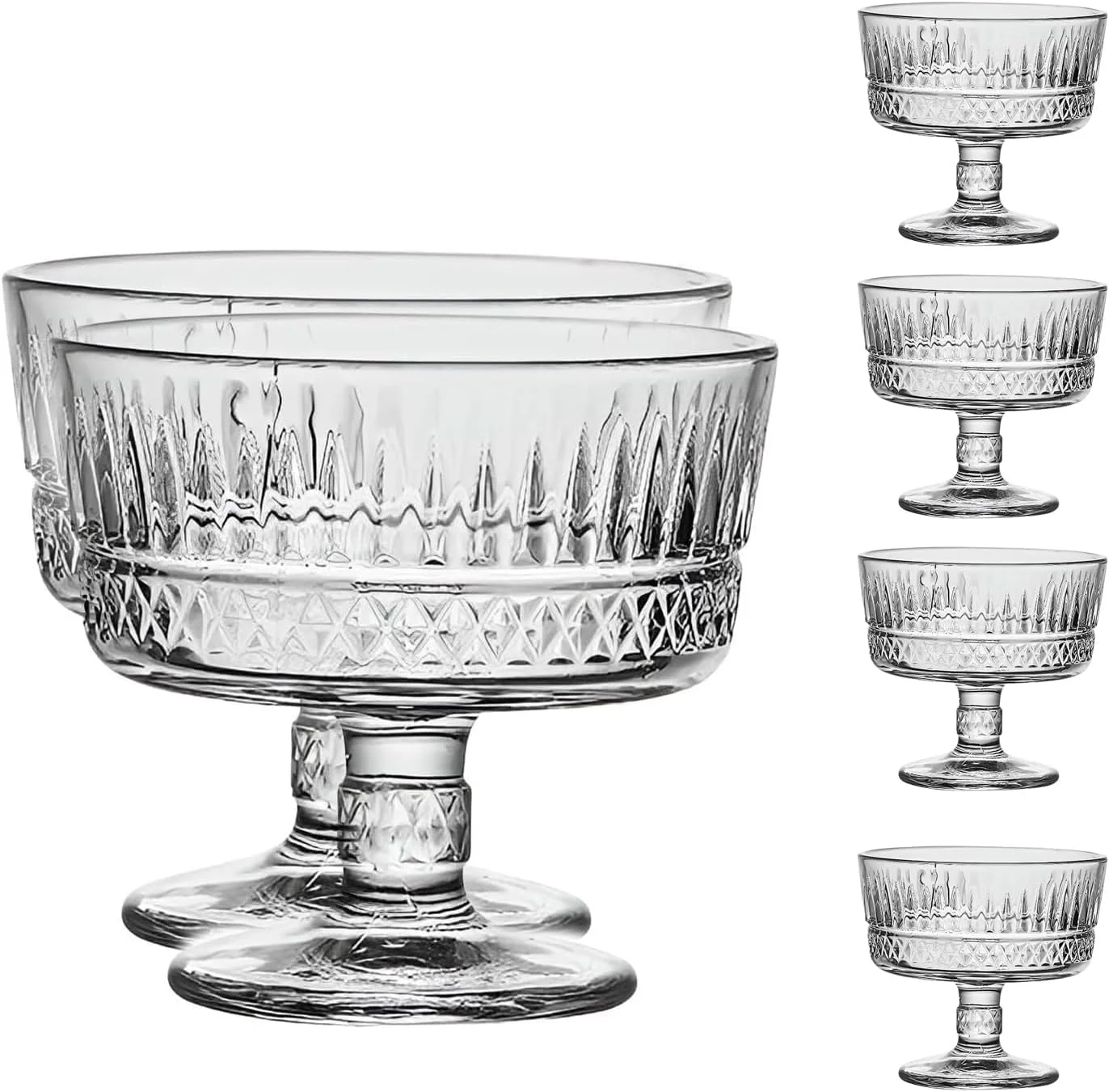 ظروف دسر شیشه ای، ست فنجان دسر 6 عددی، 266 میلی لیتر - ست فنجان دسر پایه دار سنگین وینتیج، ظروف سرو شیشه ای برجسته راه راه شفاف برای بستنی، میوه، بستنی خوری، کاسه بستنی