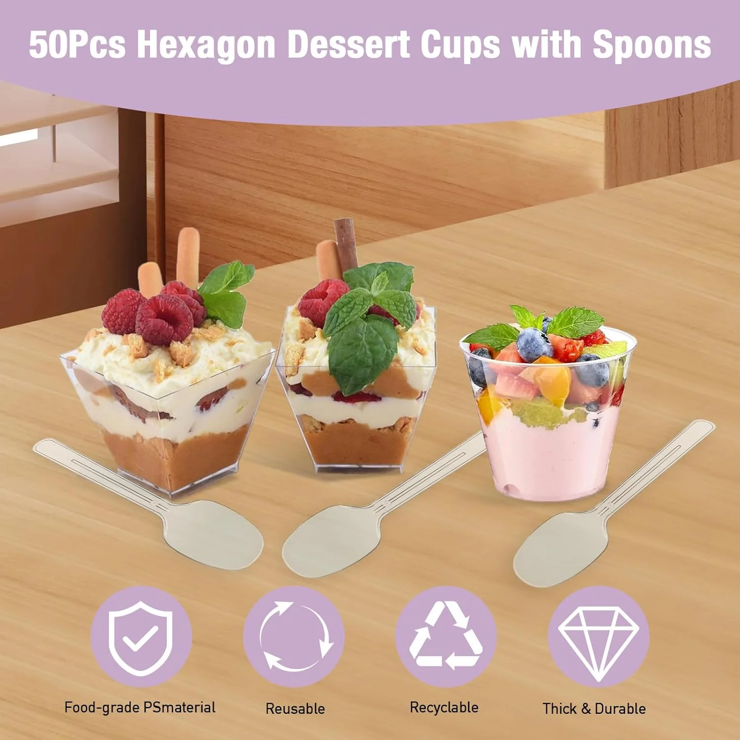 ظروف دسر پلاستیکی Giteo، بسته 50 عددی شامل لیوان دسر مربعی، کاسه دسر، فنجان دسر گرد با قاشق برای پودینگ موس، فنجان دسر برای عروسی ها، مهمانی ها