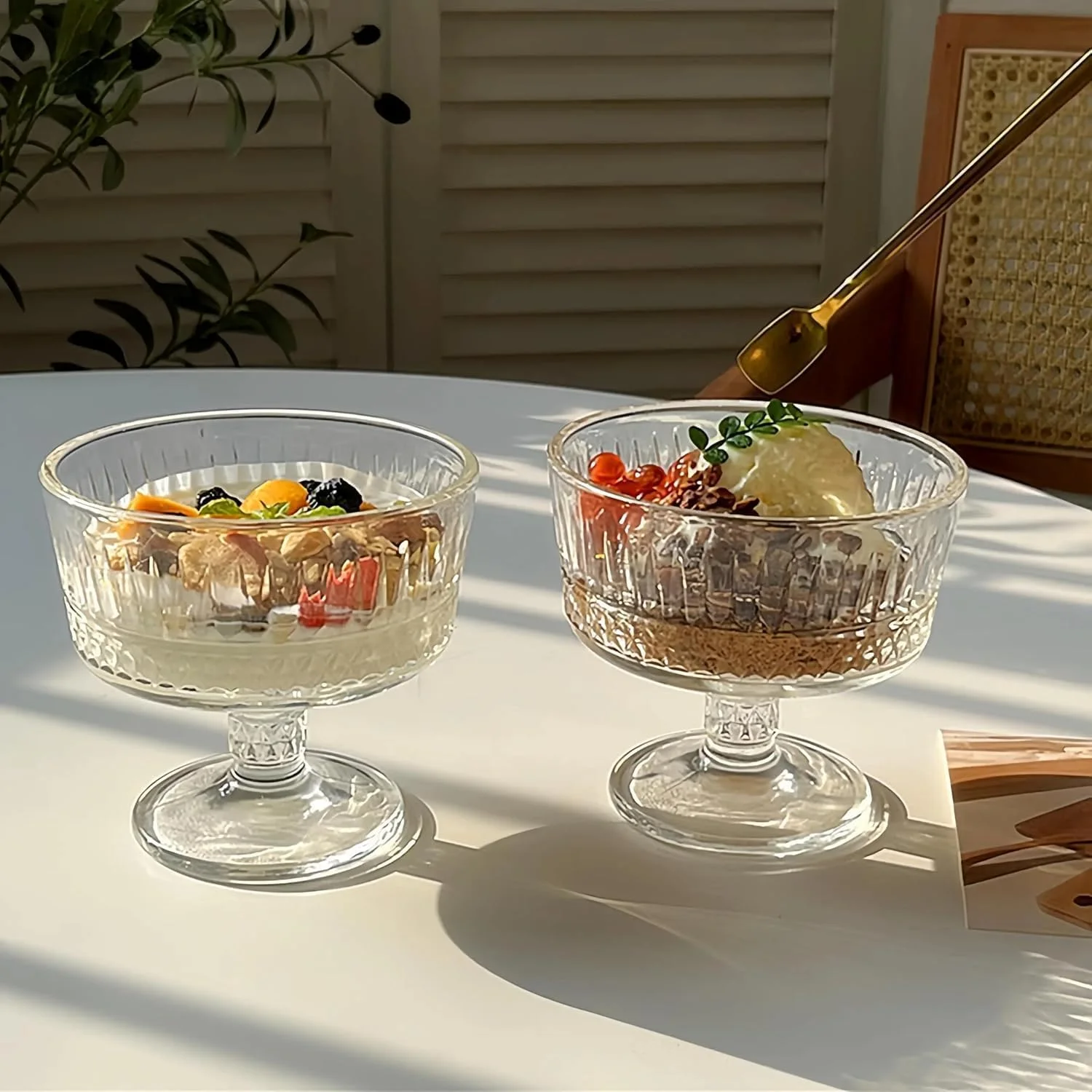 ظروف دسر شیشه ای، ست فنجان دسر 6 عددی، 266 میلی لیتر - ست فنجان دسر پایه دار سنگین وینتیج، ظروف سرو شیشه ای برجسته راه راه شفاف برای بستنی، میوه، بستنی خوری، کاسه بستنی