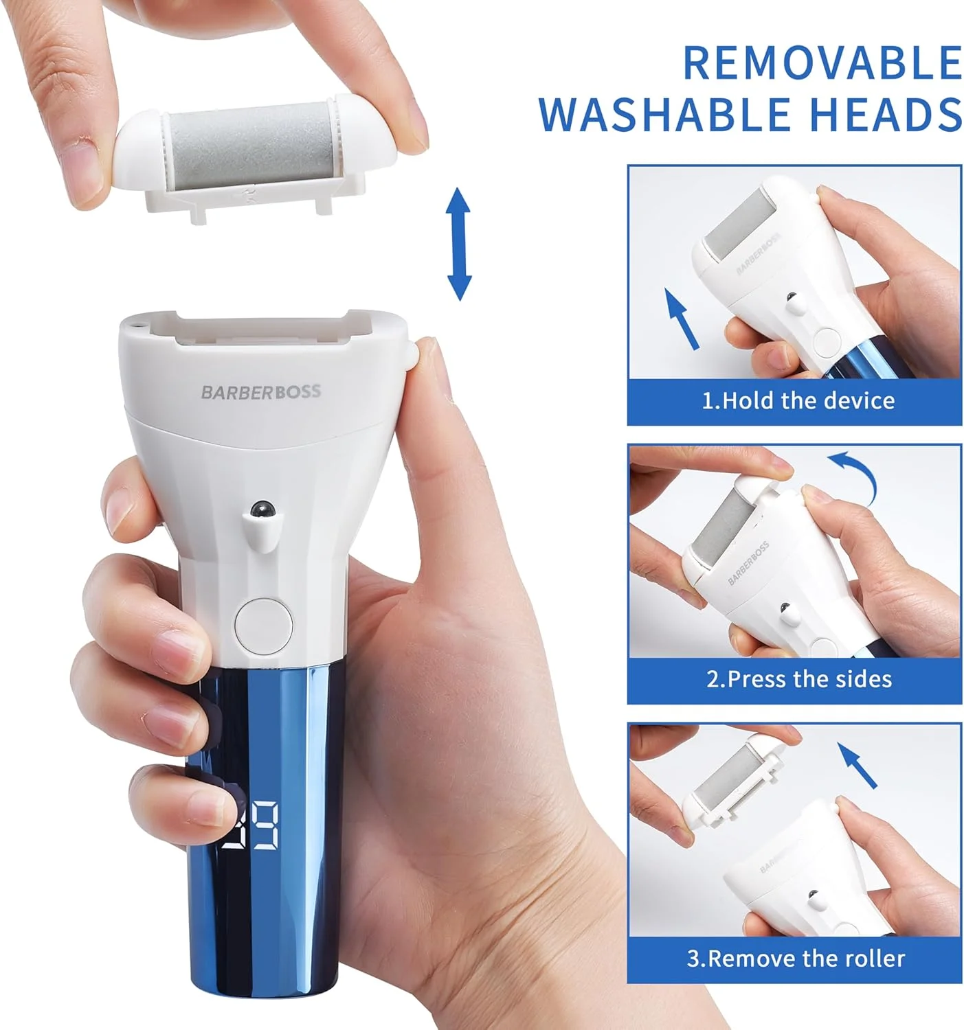 سوهان برقی ضد آب پینه BarberBoss، فایل پا شارژی برای پاشنه و کف پا، 3 سری غلتکی، نمایشگر LED، تنظیمات دو سرعته و چراغ داخلی، ابزار پدیکور برای داشتن پاهایی صاف و نرم سوهان برقی ضد آب پینه BarberBoss، فایل پا شارژی برای پاشنه و کف پا، 3 سری غلتکی، نمایشگر LED، تنظیمات دو سرعته و چراغ داخلی، ابزار پدیکور برای داشتن پاهایی صاف و نرم