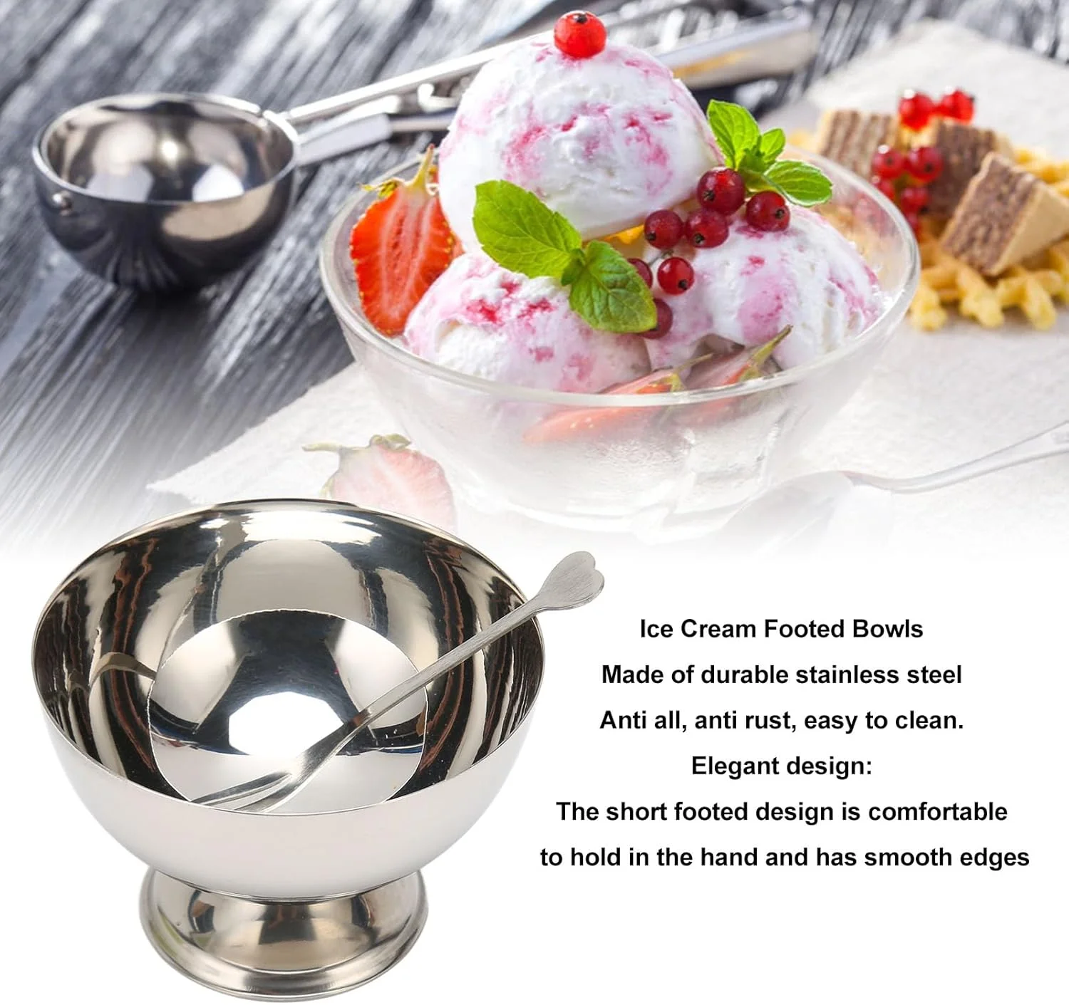 مجموعه 4 عددی کاسه دسر gernie، فنجان بستنی استیل ضد زنگ با چنگال، کاسه های پایه دار بستنی قابل استفاده مجدد، کاسه های دسر، کاسه های سرو، برای مهمانی اسنک میوه ای ساندای