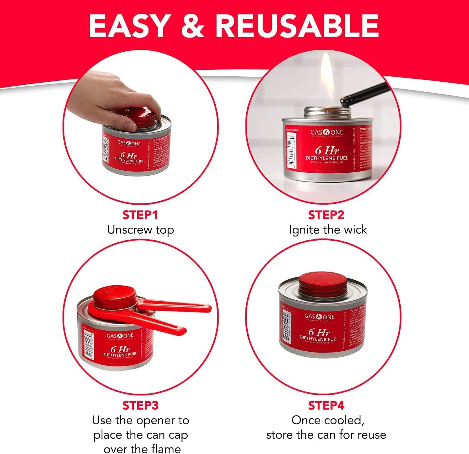 گاز وان بسته 6 عددی سوخت گرمایشی 6 ساعته - گرم کننده غذا برای ست بوفه ظرف گرم کننده - سوخت مایع ایمن با فتیله و درب بازکن برای ظرف گرم کننده