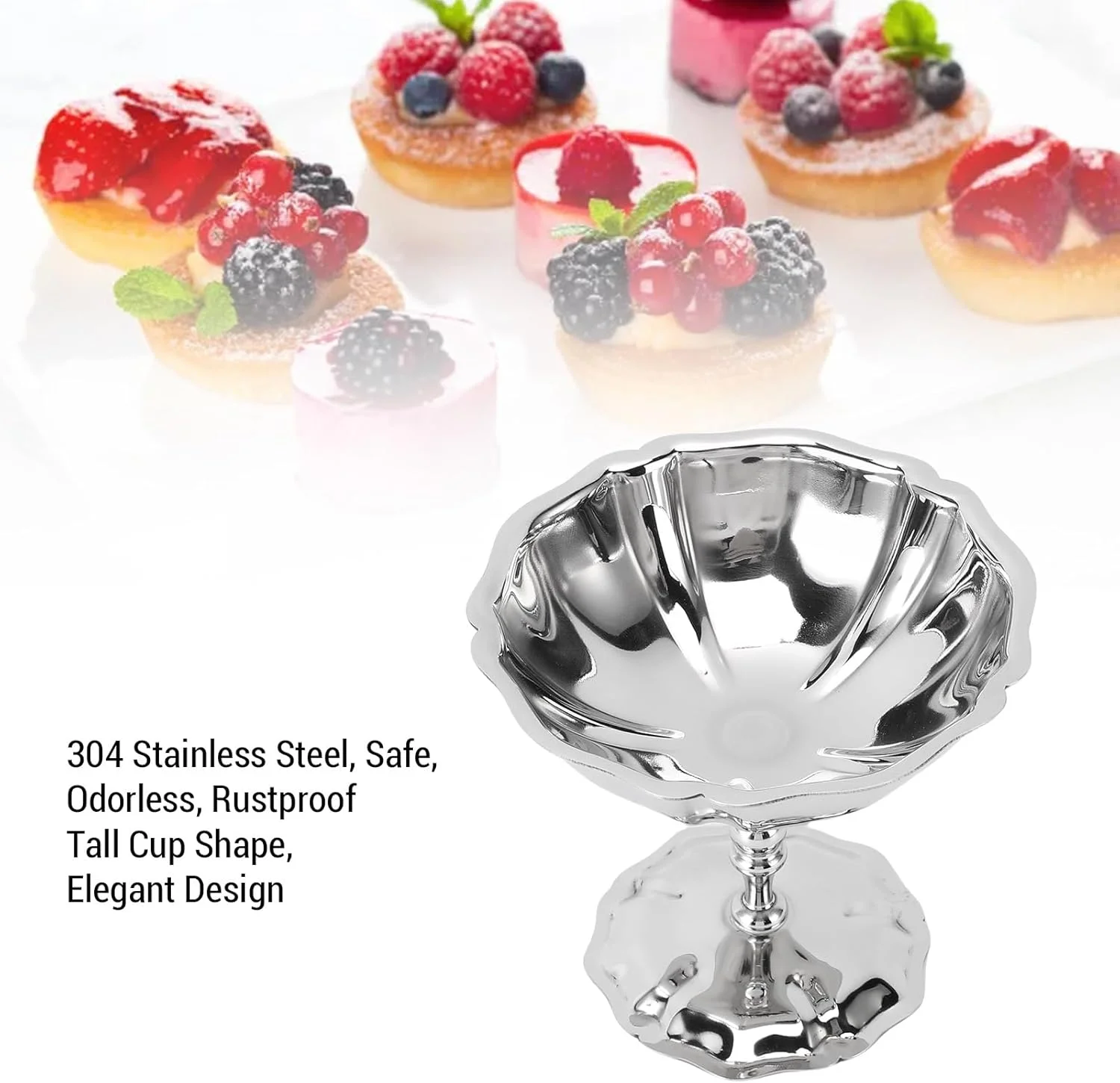 جام دسر خوری استیل 304 با پایه بلند، مناسب برای بستنی، پودینگ، ماست، سالاد میوه، تنقلات و دکوراسیون مهمانی (براق) جام دسر خوری استیل 304 با پایه بلند، مناسب برای بستنی، پودینگ، ماست، سالاد میوه، تنقلات و دکوراسیون مهمانی (براق)