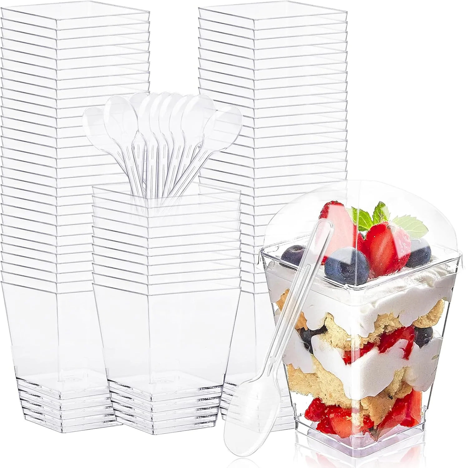 بسته 60 عددی ظروف دسر Forhandy، لیوان دسر 160 میلی لیتری با درب و قاشق، ظروف دسر مربعی شفاف، کاسه دسر قابل استفاده مجدد برای موس دسر DIY برای عروسی، جشن تولد