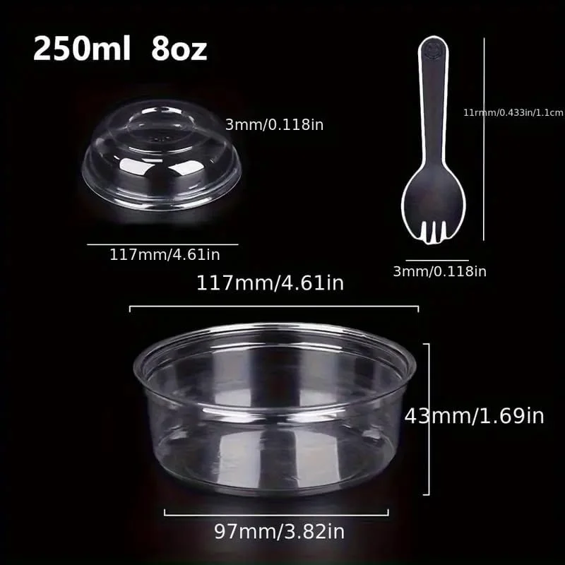 بسته 25 عددی لیوان دسر پلاستیکی شفاف 240 میلی لیتری FUFU با درب گنبدی و قاشق چنگال - کاسه دسر PET برای کیک، پودینگ، ماست، ژله و موس - ایده آل برای تنقلات، مهمانی ها و رویدادها (240 میلی لیتر)