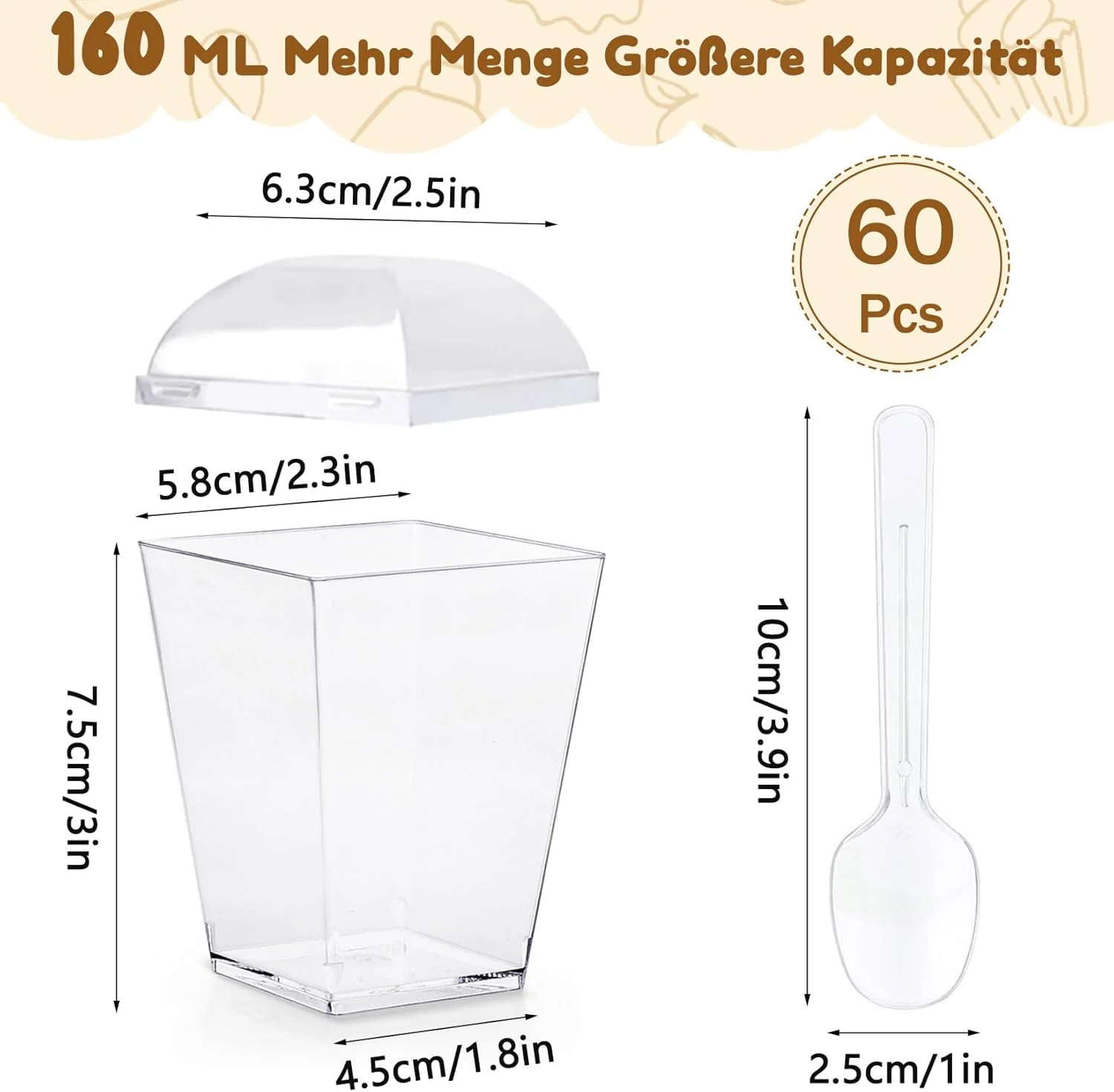 بسته 60 عددی ظروف دسر Forhandy، لیوان دسر 160 میلی لیتری با درب و قاشق، ظروف دسر مربعی شفاف، کاسه دسر قابل استفاده مجدد برای موس دسر DIY برای عروسی، جشن تولد
