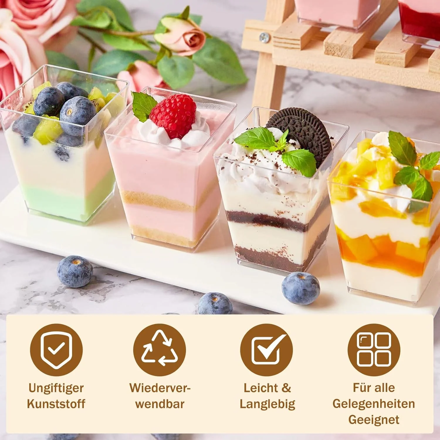 بسته 60 عددی ظروف دسر Forhandy، لیوان دسر 160 میلی لیتری با درب و قاشق، ظروف دسر مربعی شفاف، کاسه دسر قابل استفاده مجدد برای موس دسر DIY برای عروسی، جشن تولد