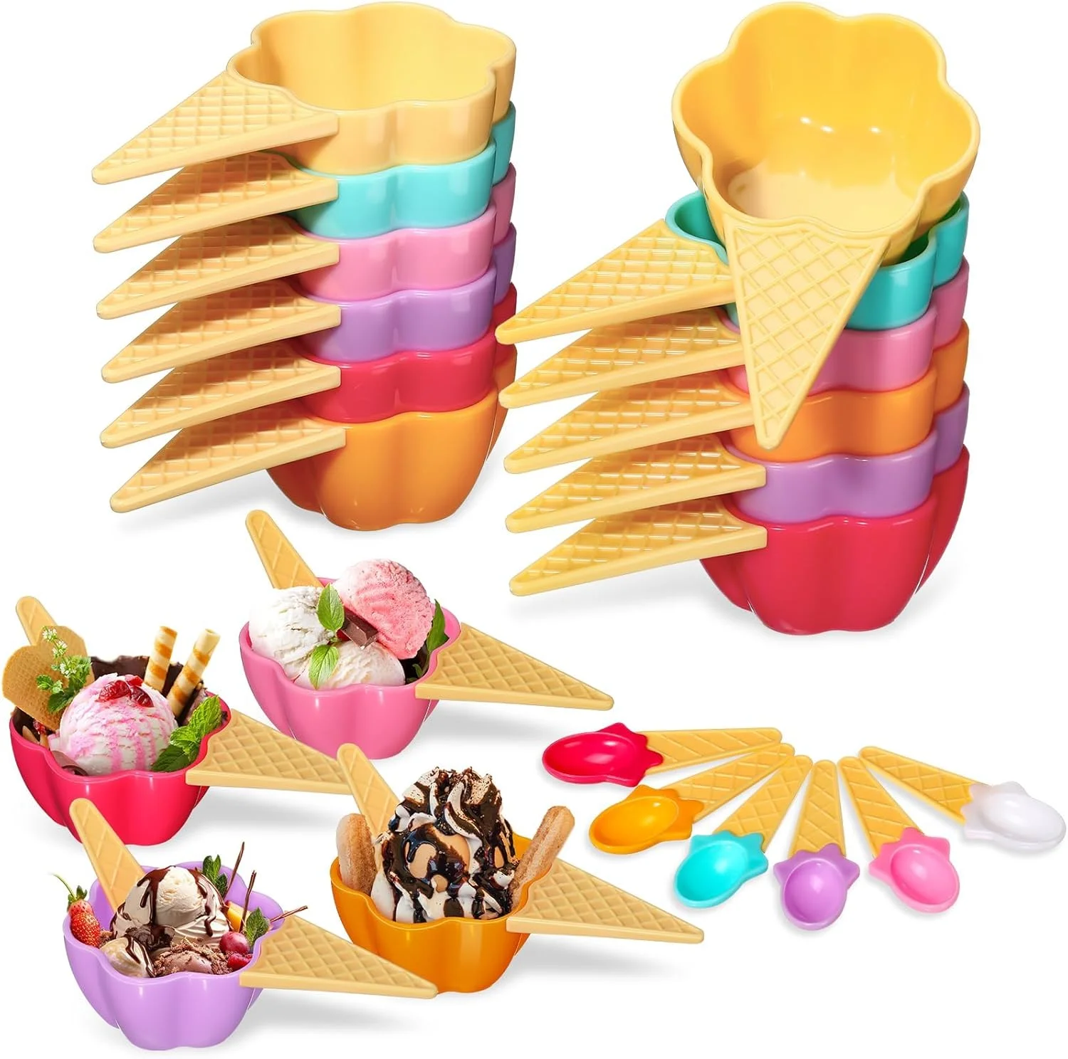 ست 12 تایی کاسه بستنی با طرح گل همراه با قاشق سیلیکونی، فنجان های ماست یخ زده پلاستیکی 177 میلی لیتری برای مهمانی ها، کودکان و استفاده روزانه - کاسه های دسر محکم و قابل استفاده مجدد