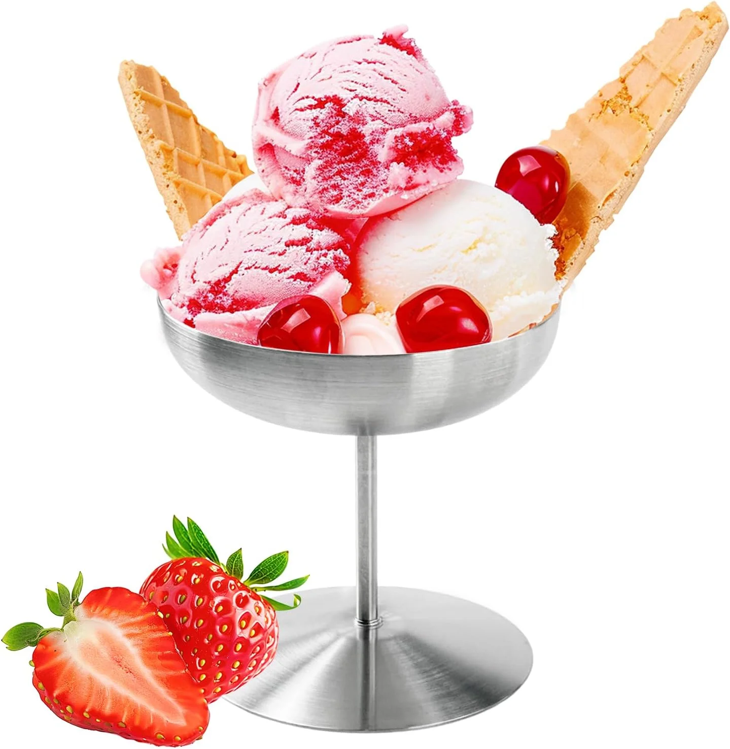 جام بستنی فلای‌لین، ظرف دسر استیل، کاسه سس، مناسب سالاد، میوه، پودینگ، ماست، ظرف اسنک و شیرینی، پایه بلند گرد، مناسب مهمانی کریسمس (نقره‌ای، 150 میلی‌لیتر)