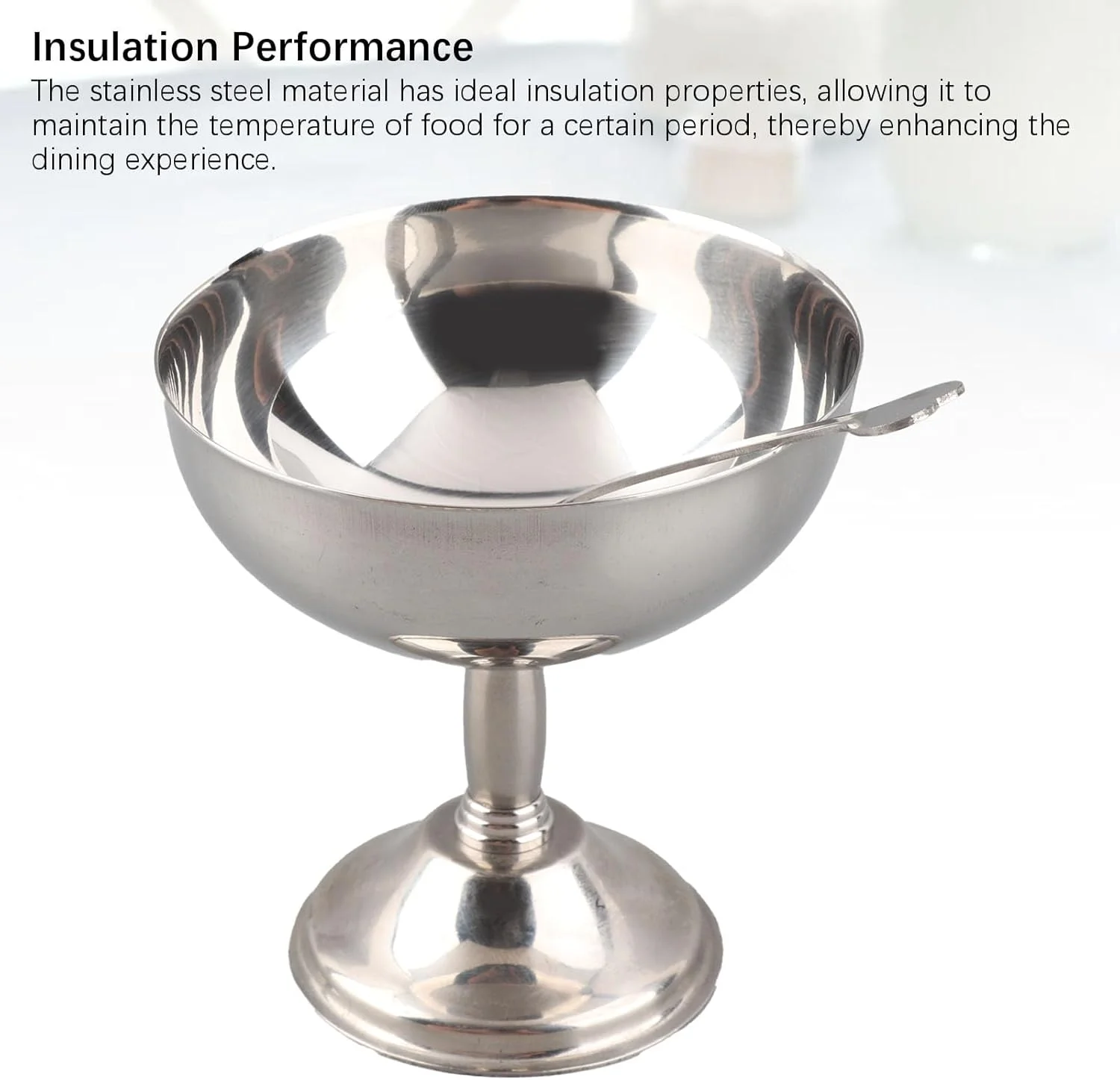 جام بستنی پایه دار، جام دسر فلزی استیل 304، کاسه ماست و تنقلات، تمیز کردن آسان، کاسه دسر سرو فلزی رترو با قاشق برای سالاد میوه و پودینگ (سایز کوچک 9 سانتی متر)