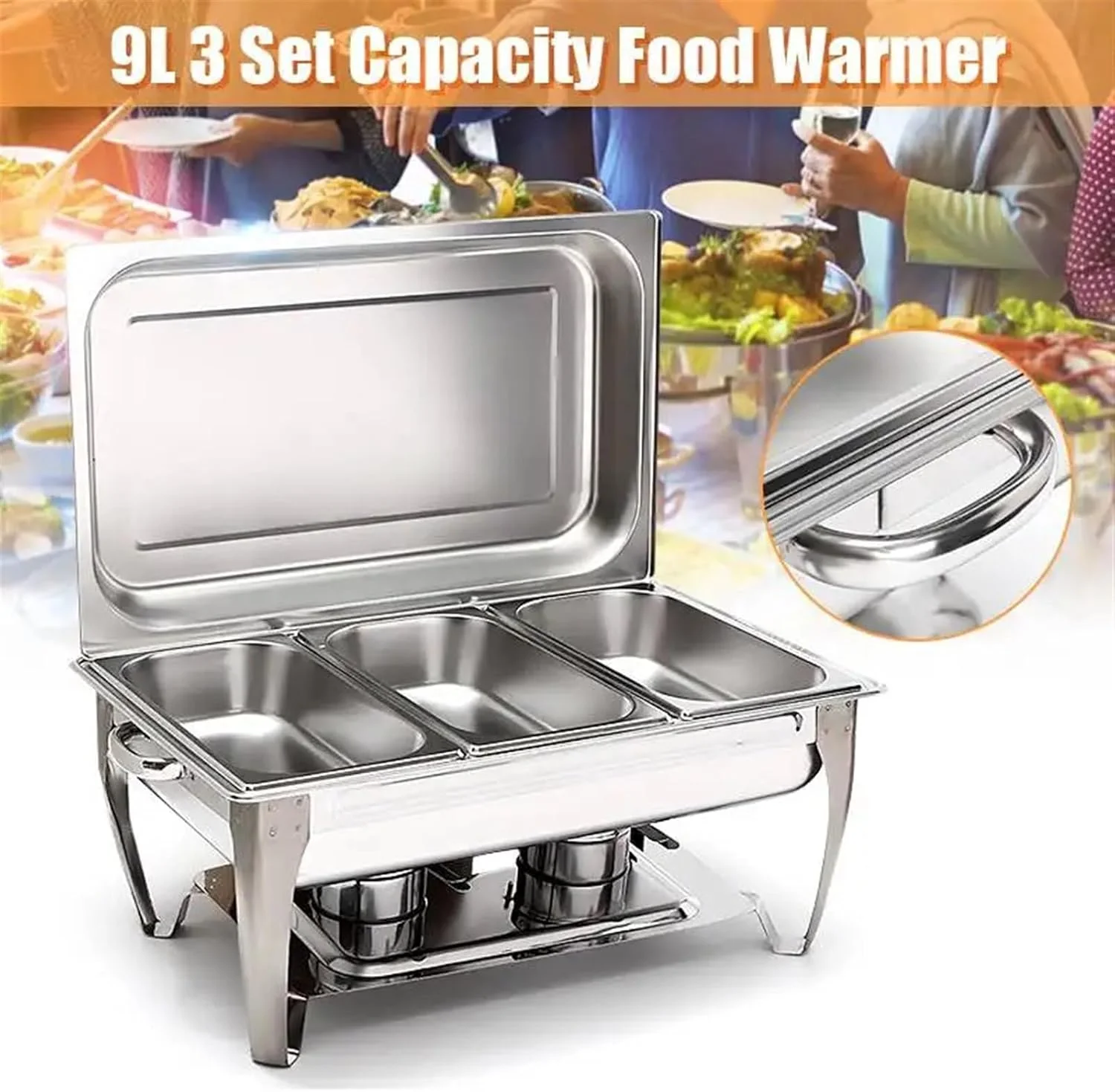 ست گرم نگهدارنده غذا بوفه ۹ لیتری تاشو استیل ضد زنگ ظرف گرمکن غذا مستطیلی مناسب بوفه و پذیرایی (نقره ای) ست گرم نگهدارنده غذا بوفه ۹ لیتری تاشو استیل ضد زنگ ظرف گرمکن غذا مستطیلی مناسب بوفه و پذیرایی (نقره ای)