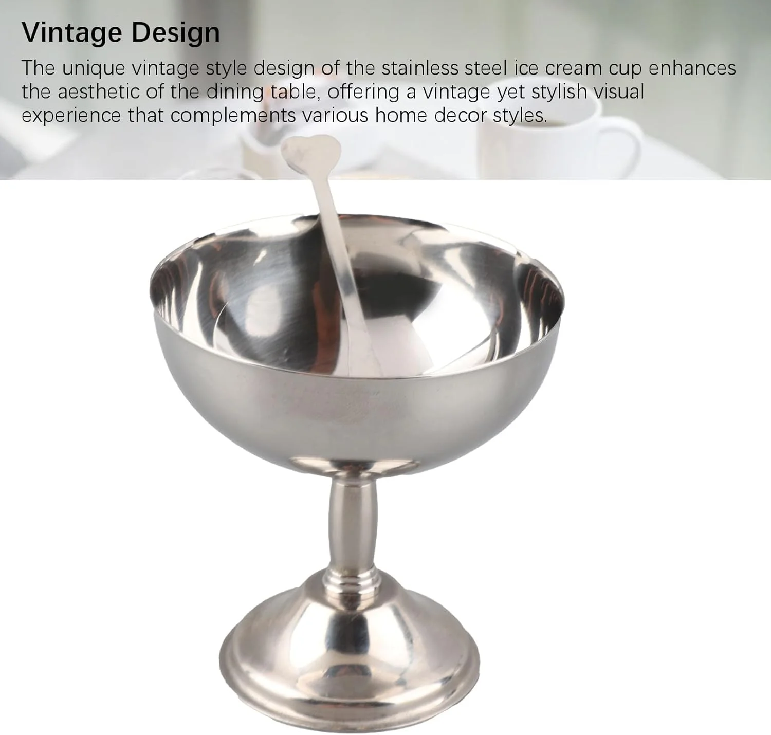 جام بستنی پایه دار، جام دسر فلزی استیل 304، کاسه ماست و تنقلات، تمیز کردن آسان، کاسه دسر سرو فلزی رترو با قاشق برای سالاد میوه و پودینگ (سایز کوچک 9 سانتی متر)