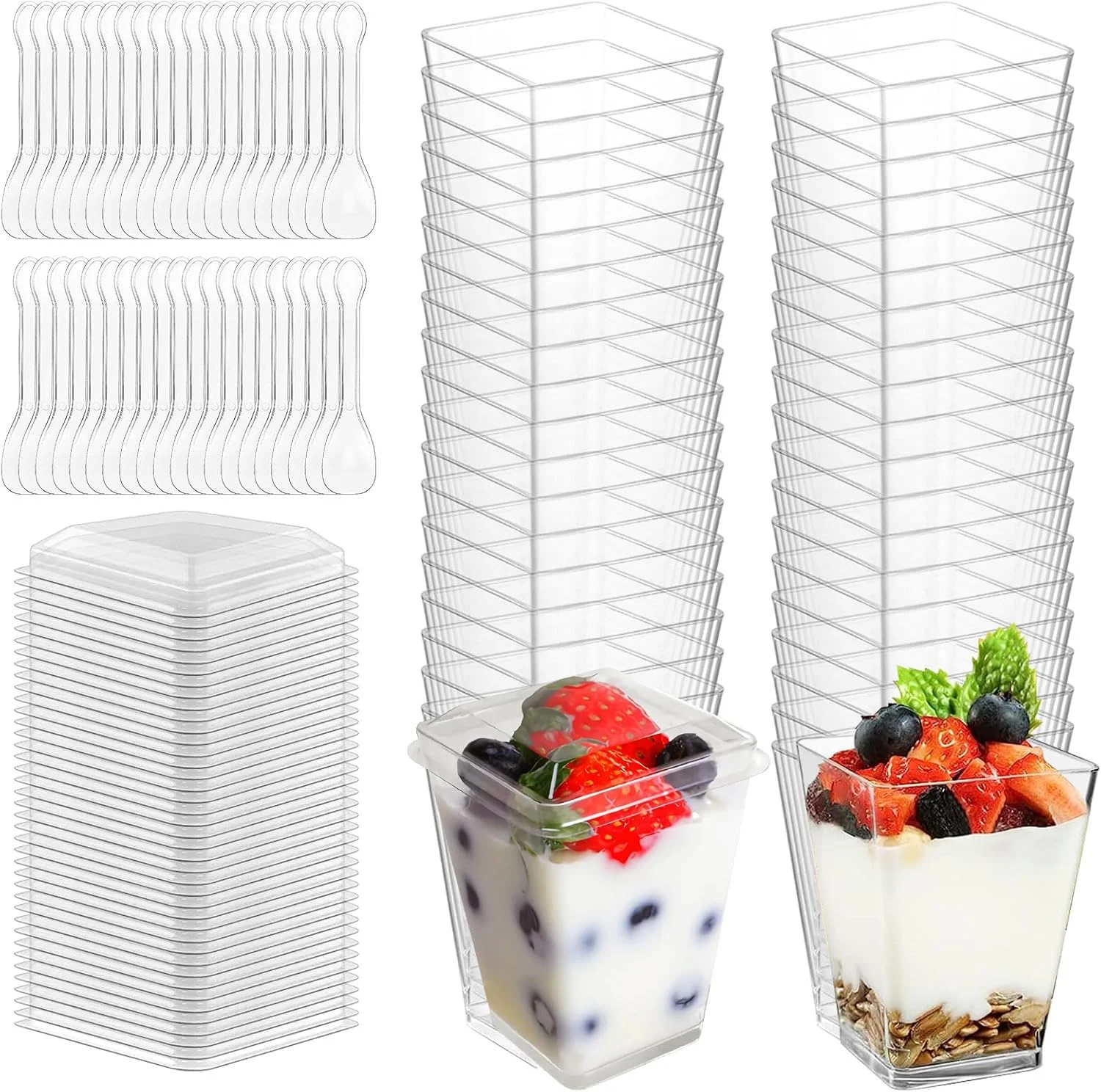 ظروف دسر فاین ایزی، بسته 40 عددی شامل لیوان دسر با درب و قاشق، 150 میلی لیتر، کاسه دسر پلاستیکی قابل استفاده مجدد، فنجان دسر مربعی برای موس، بستنی، پودینگ، مناسب مهمانی دسر، عروسی، تولد