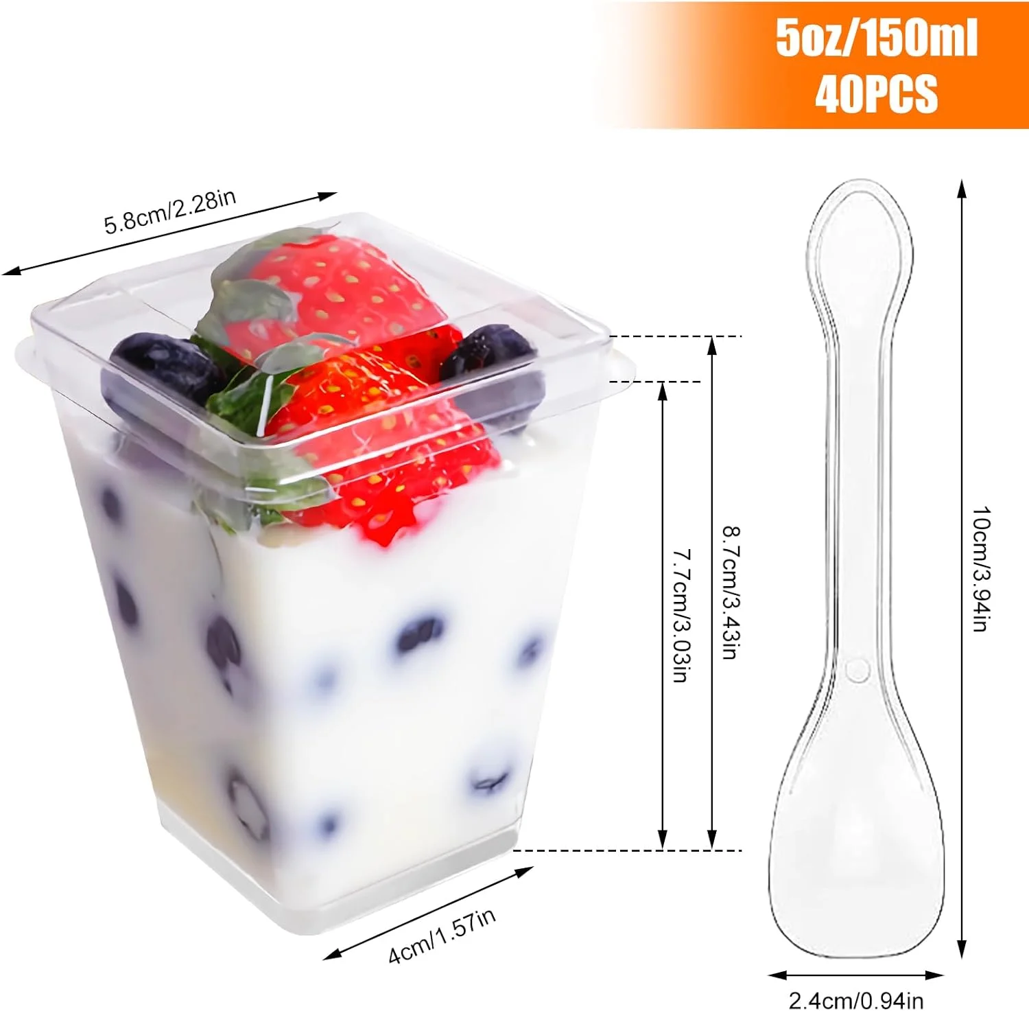 ظروف دسر فاین ایزی، بسته 40 عددی شامل لیوان دسر با درب و قاشق، 150 میلی لیتر، کاسه دسر پلاستیکی قابل استفاده مجدد، فنجان دسر مربعی برای موس، بستنی، پودینگ، مناسب مهمانی دسر، عروسی، تولد