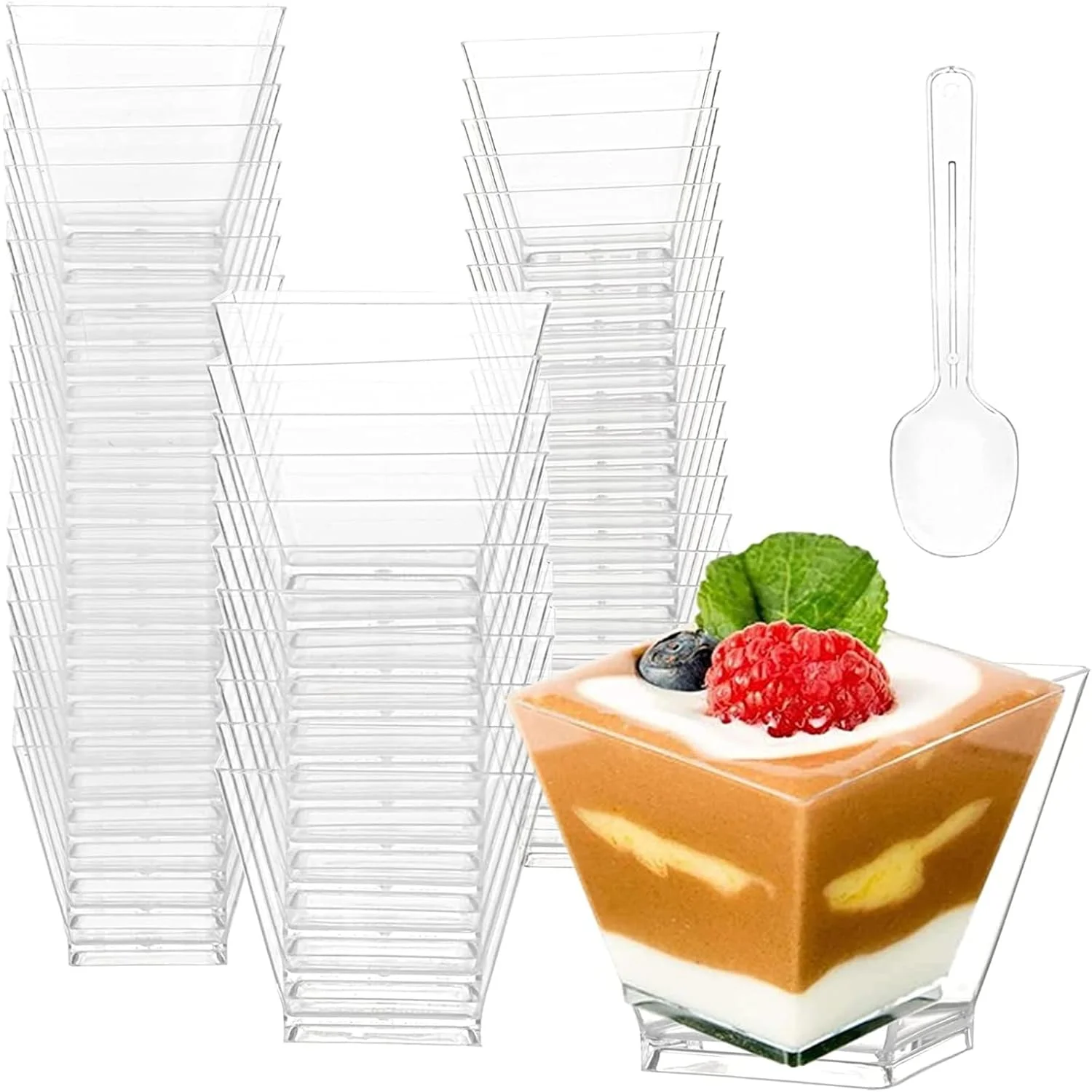 ظروف دسر پلاستیکی FCfit، بسته 50 عددی ظروف پیش غذای مربعی شفاف با قاشق، سبک مدرن، مناسب مهمانی