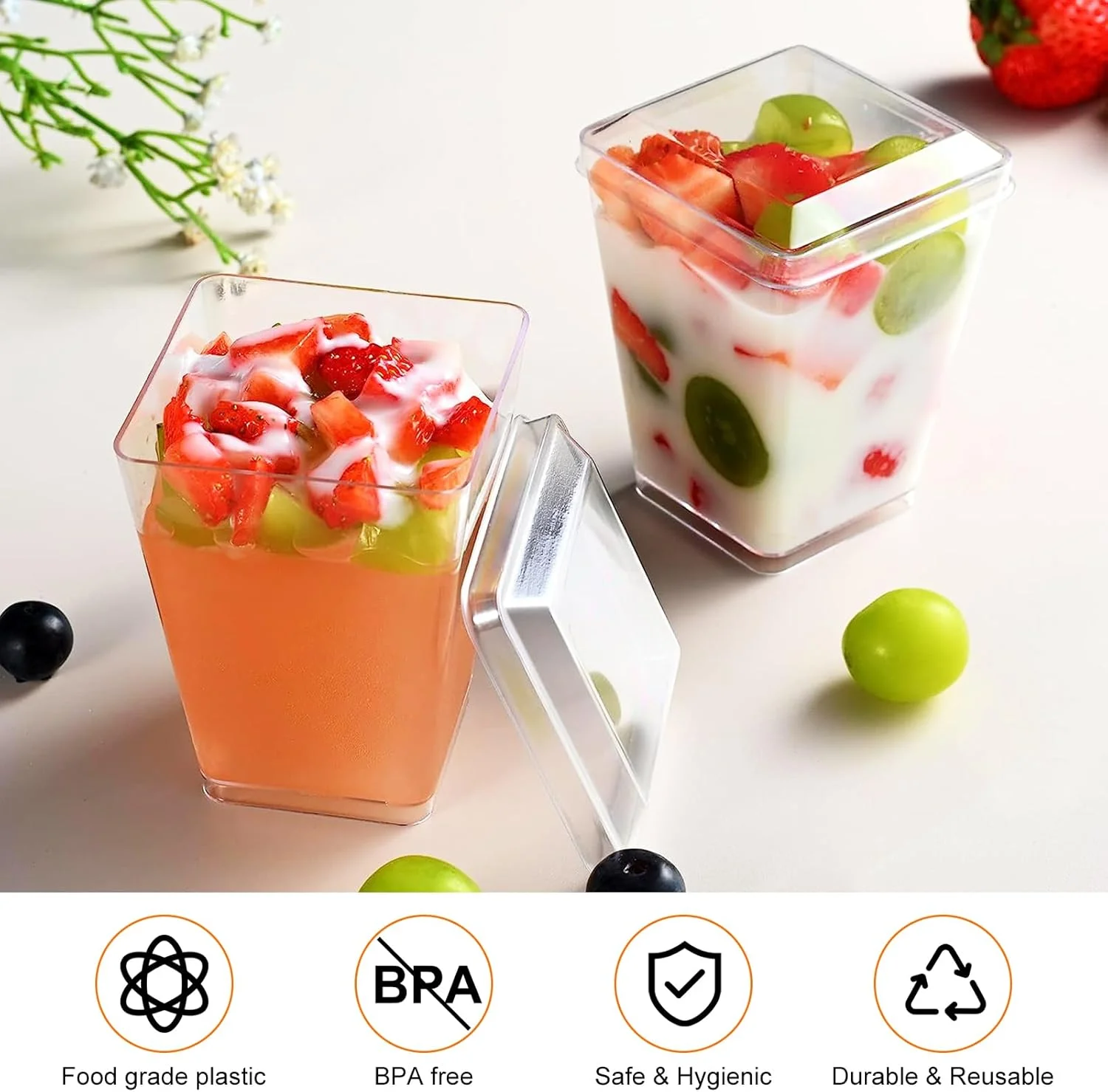 ظروف دسر فاین ایزی، بسته 40 عددی شامل لیوان دسر با درب و قاشق، 150 میلی لیتر، کاسه دسر پلاستیکی قابل استفاده مجدد، فنجان دسر مربعی برای موس، بستنی، پودینگ، مناسب مهمانی دسر، عروسی، تولد