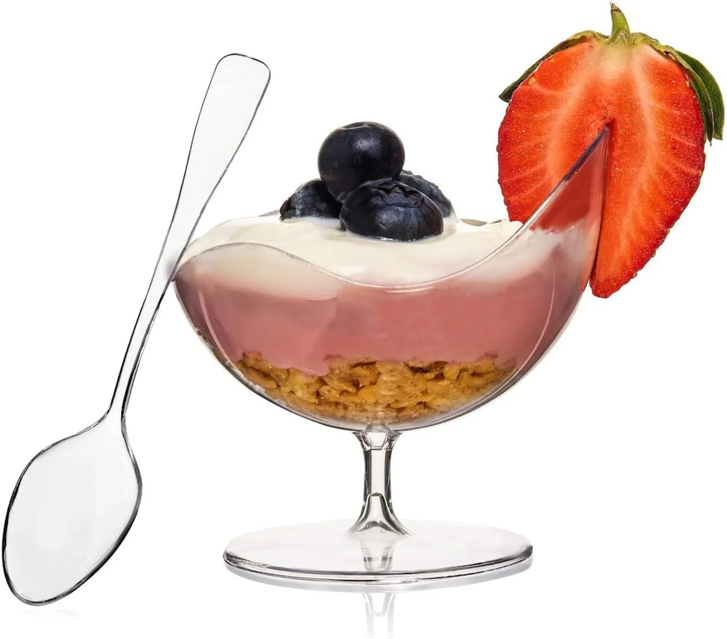 ظروف دسر اکسفور بسته 24 عددی به همراه 24 قاشق، مینی کاپ پایه دار صدف پلاستیکی، کاپ پیش غذا سخت شفاف، ظرف سرو پارفه، کاپ موس، مناسب برای دسر، پودینگ