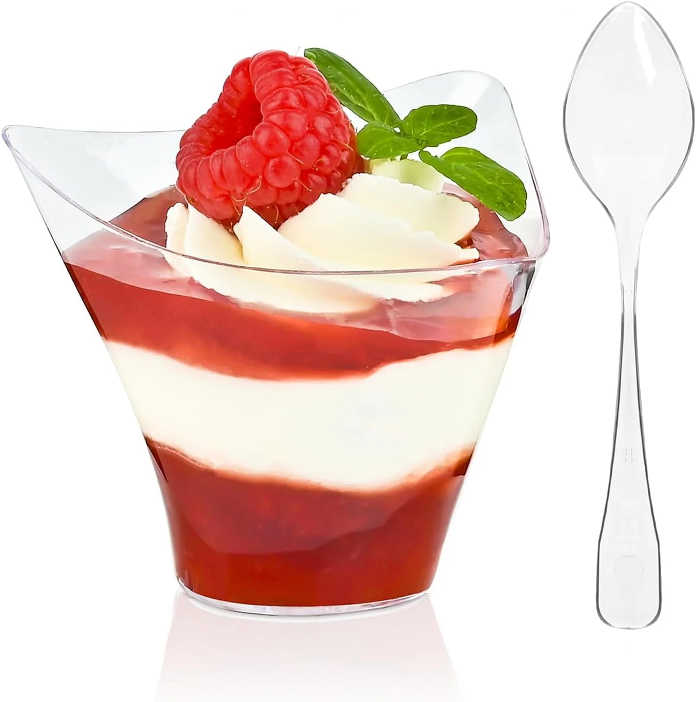 ظروف دسر کوچک اکسفور مدل 50 عددی 4 اونسی به همراه قاشق، کاسه های دسر مثلثی پلاستیکی شفاف برای سرو پارفه، پیش غذا و شات های دسر