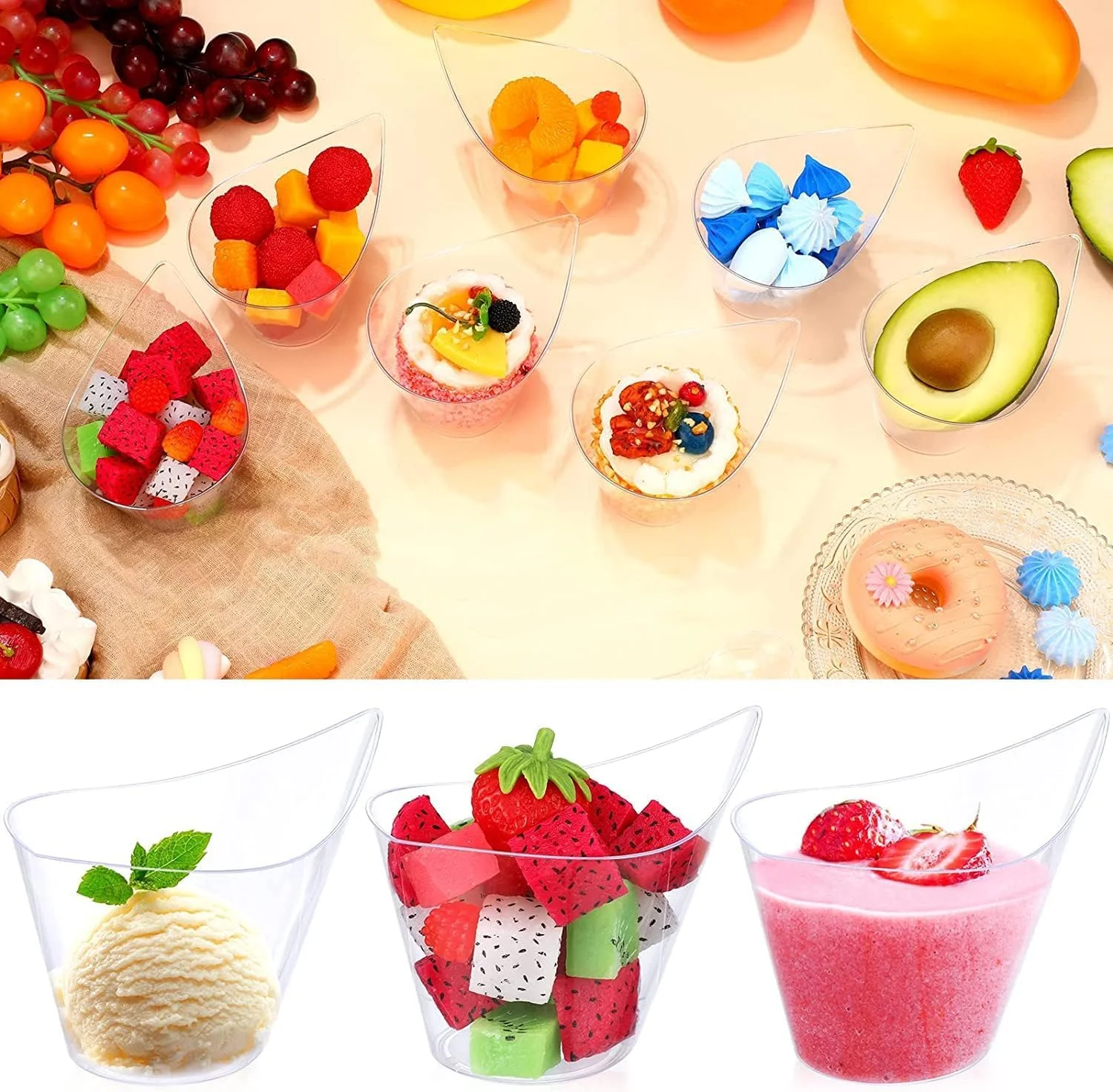 ظروف دسر پلاستیکی اکسفور، 50 عدد، ظروف دسر منحنی گرد 200 میلی لیتری، ظرف پیش غذا شفاف، کاسه سرو قابل استفاده مجدد برای مهمانی ها و رویدادها (11.4 x 6.3 سانتی متر)