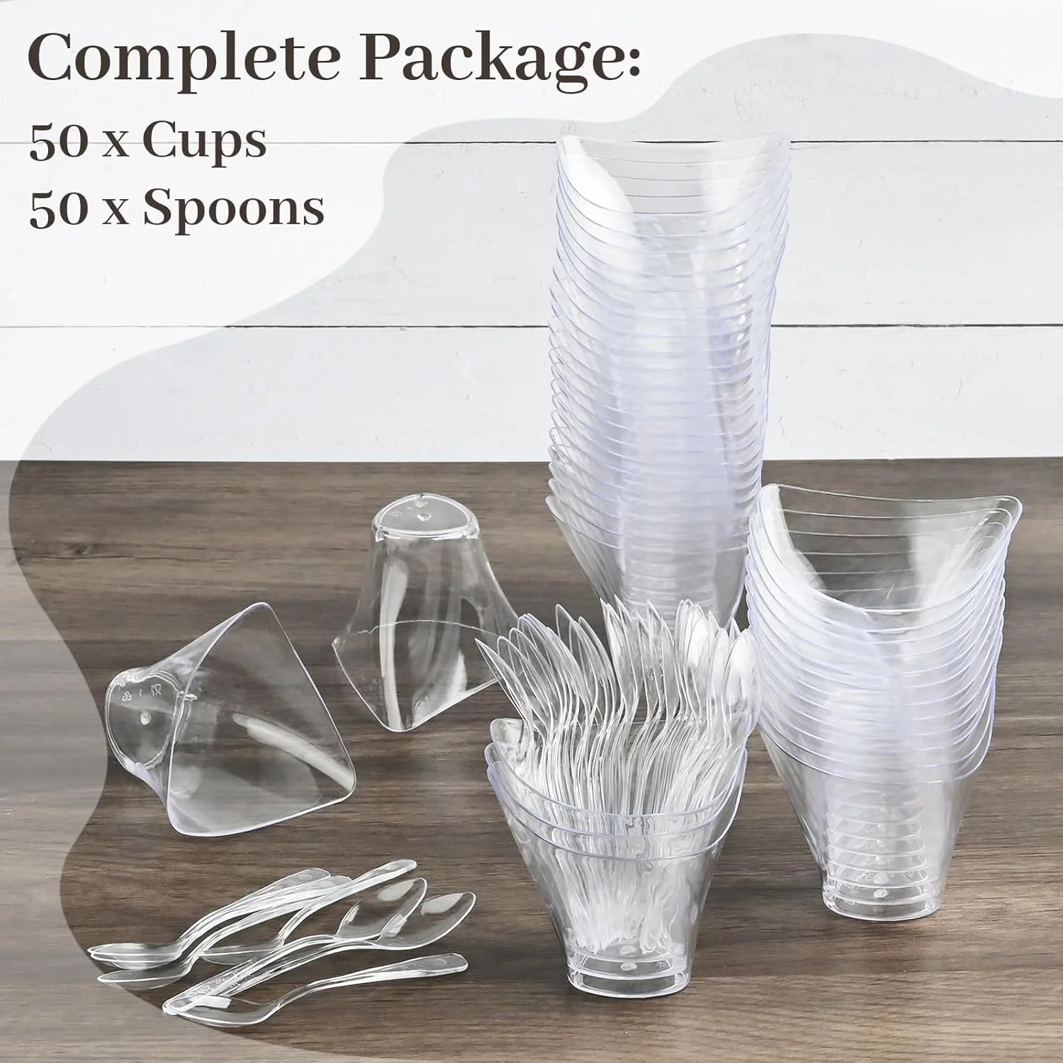 ظروف دسر کوچک اکسفور مدل 50 عددی 4 اونسی به همراه قاشق، کاسه های دسر مثلثی پلاستیکی شفاف برای سرو پارفه، پیش غذا و شات های دسر