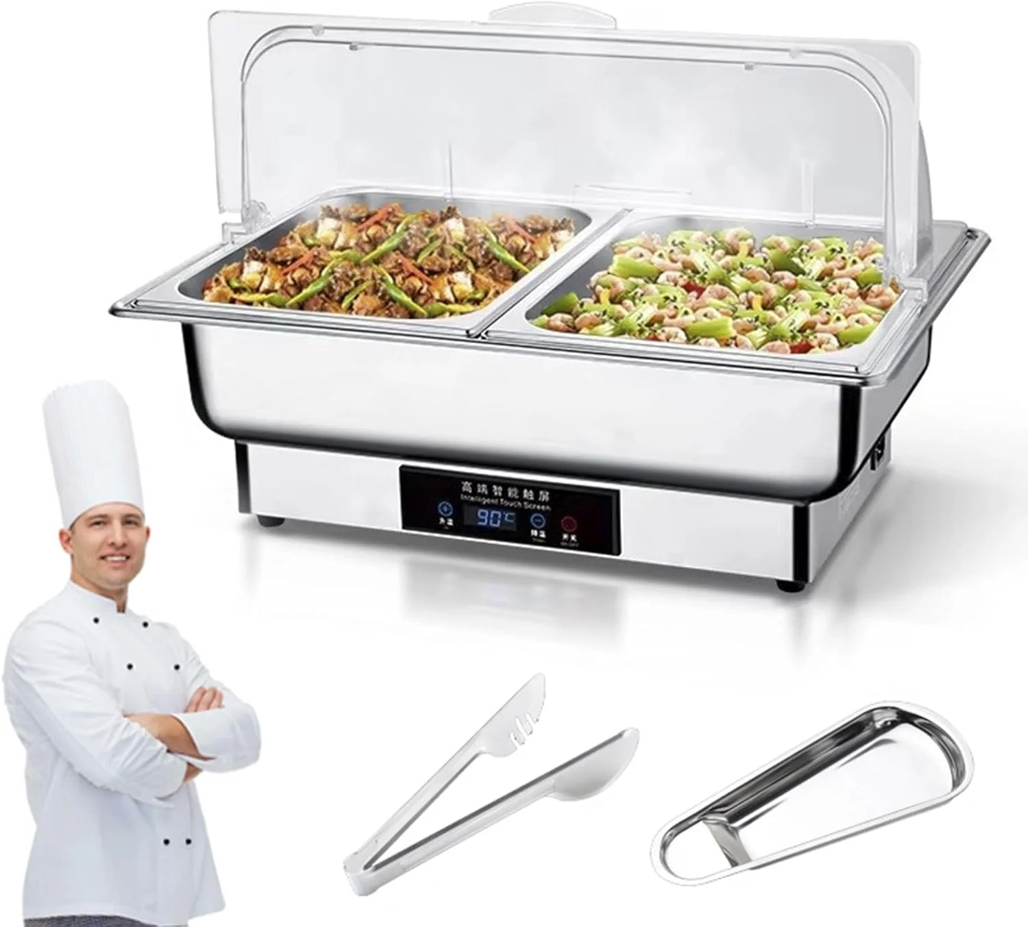 Electric Chafing Dish Buffet Set,9L Stainless Steel Chafing Dishes and Food Warmers with Temperature Control&Clear Roll Lid for Catering Wedding Parties Restaurants Hotel