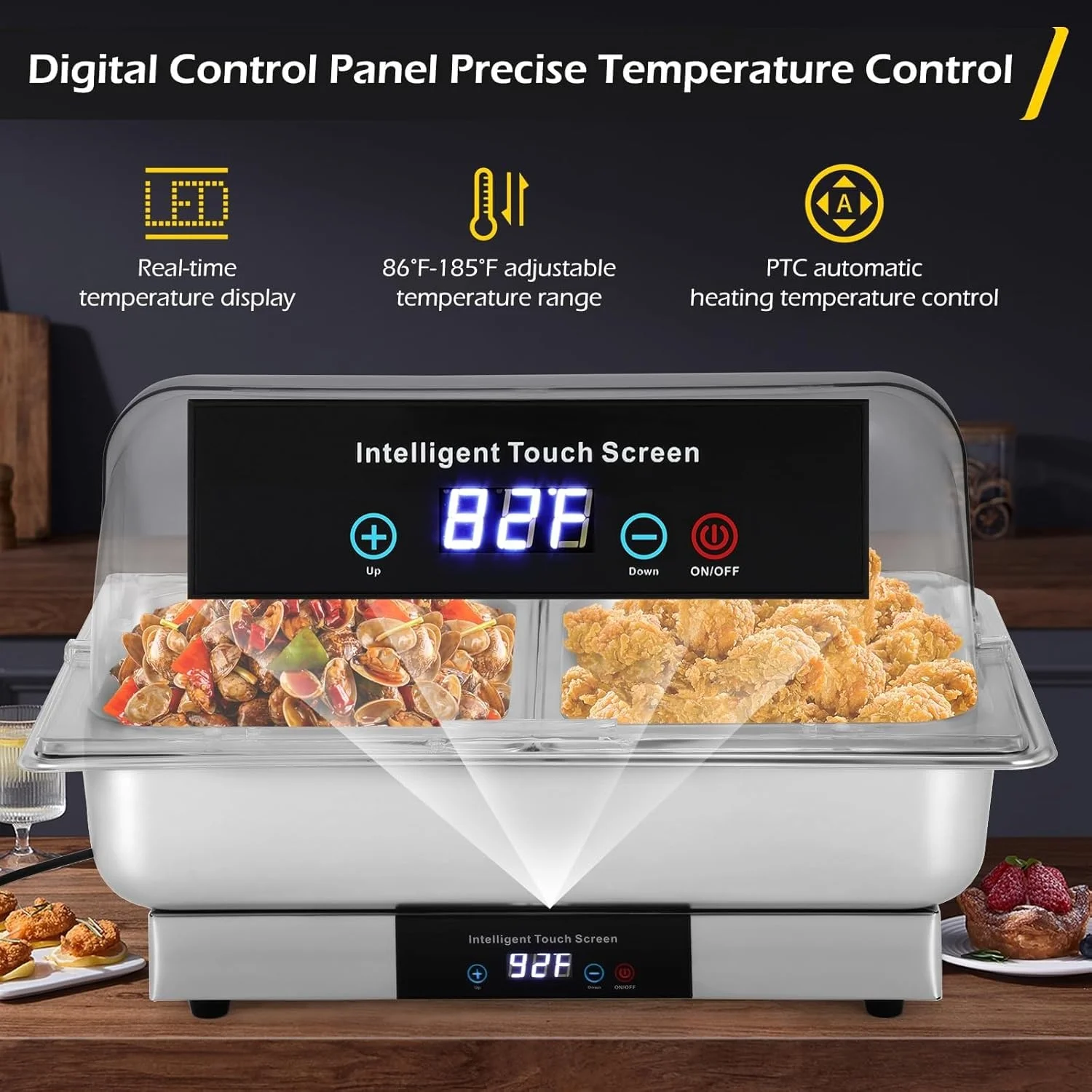 Electric Chafing Dish Buffet Set,9L Stainless Steel Chafing Dishes and Food Warmers with Temperature Control&Clear Roll Lid for Catering Wedding Parties Restaurants Hotel