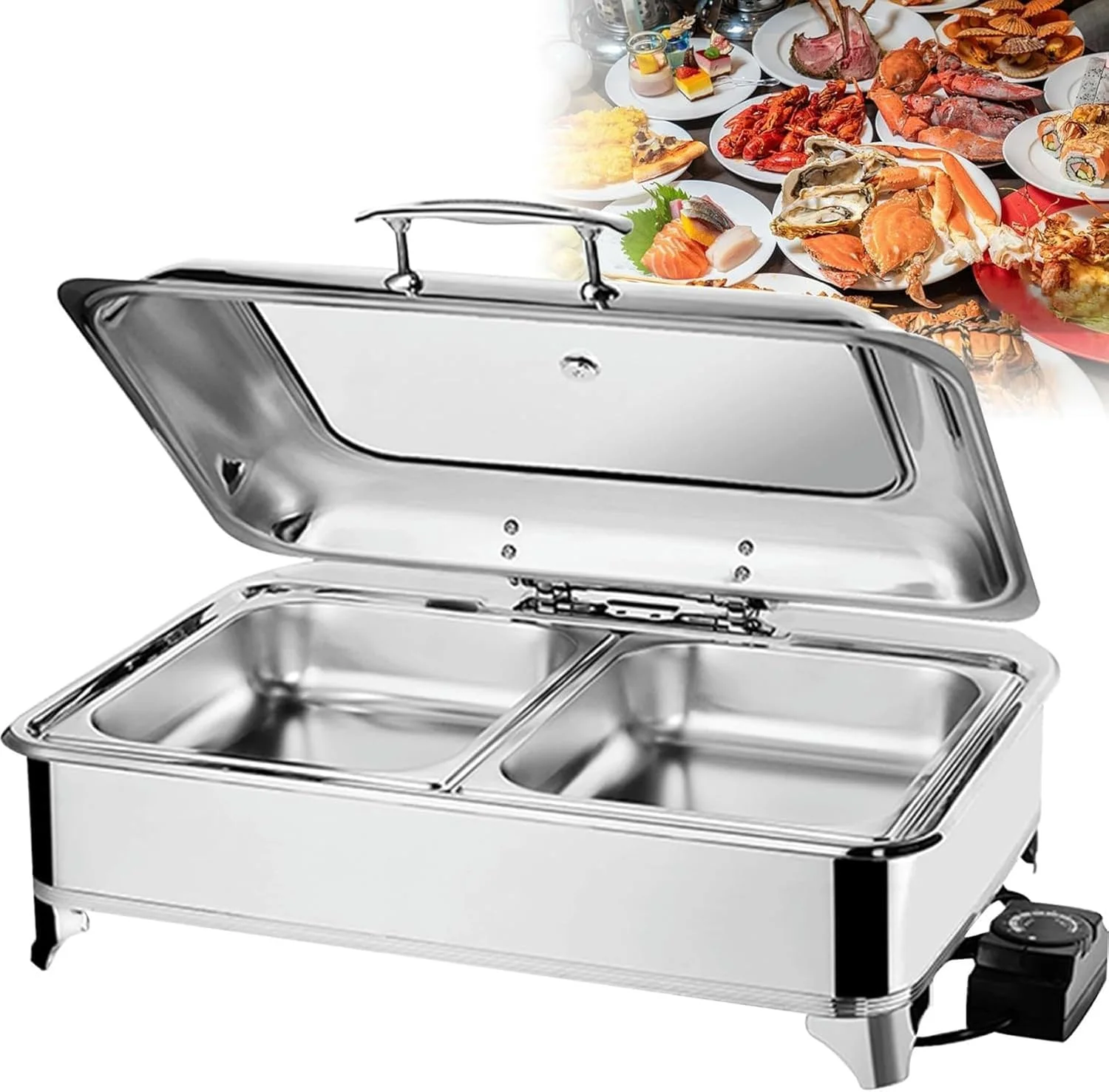 گرمکن غذا برقی، گرمکن غذا برای بوفه، سینی گرم کننده مهمانی با درب شیشه ای، استیل ضد زنگ با تمیز کردن آسان - کنترل دما