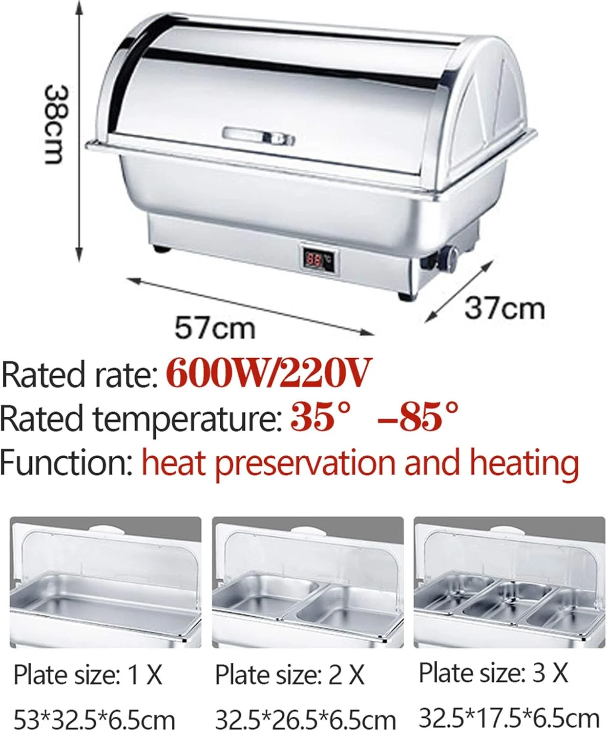 گرمکن غذا برقی استیل برای مهمانی ها و بوفه ها با قابلیت تنظیم دما مناسب برای ضیافت ها، غذاخوری و لوازم پذیرایی، A