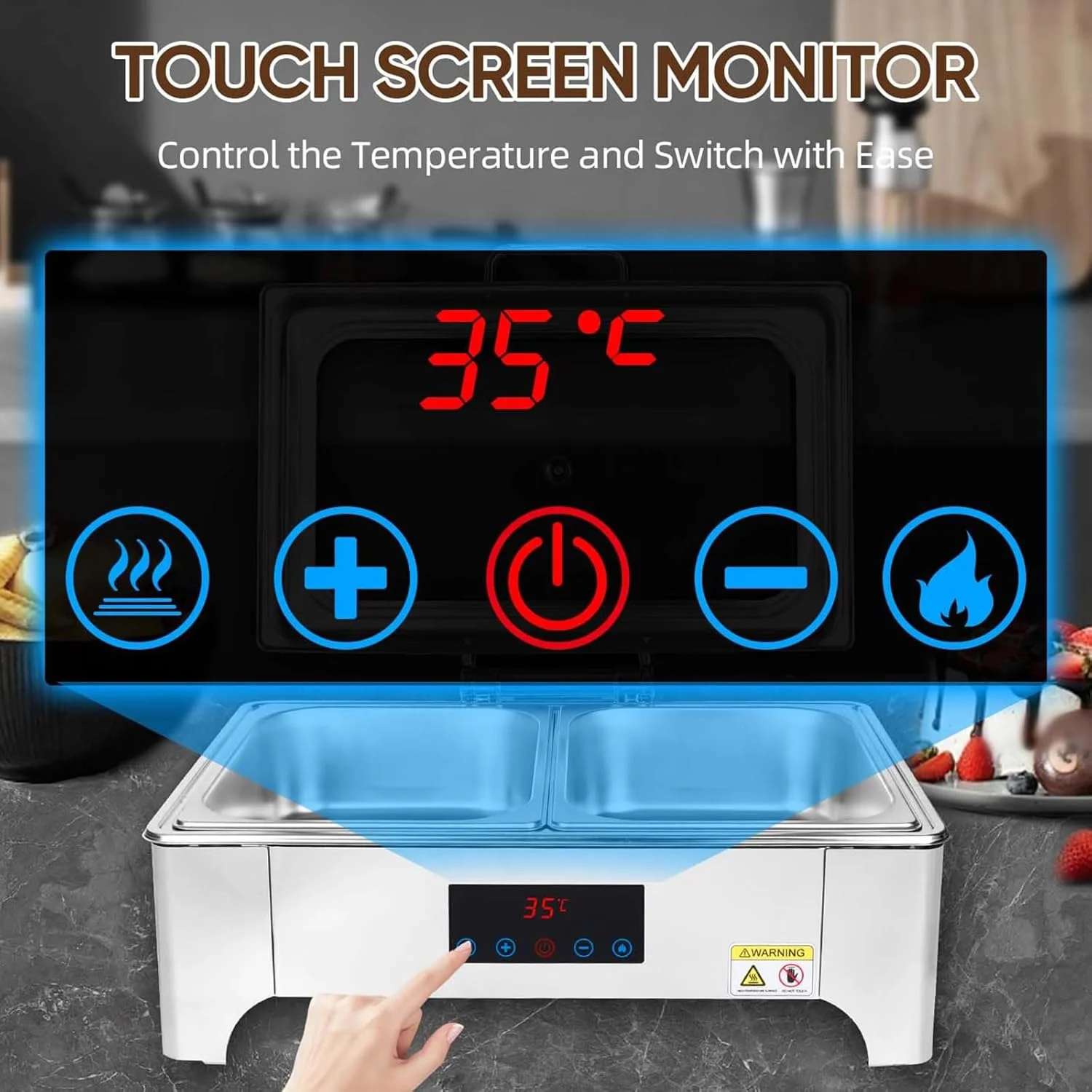 گرمکن غذا برقی، ظرف گرم نگهدارنده غذا بوفه 9 لیتری، گرمکن استیل ضد زنگ با کنترل لمسی و نمایشگر تنظیم دما، مناسب برای مهمانی ها، رستوران ها و ضیافت ها - تک خانه