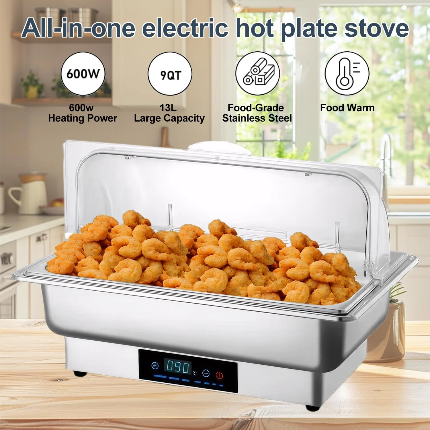 گرمکن غذا 13 لیتری، ظرف گرم کننده برقی با دمای قابل تنظیم 20 تا 90 درجه سانتیگراد، گرم نگهدارنده بوفه با درب چرخشی و نمایشگر دما برای پذیرایی، مهمانی، هتل، بوفه گرمکن غذا 13 لیتری، ظرف گرم کننده برقی با دمای قابل تنظیم 20 تا 90 درجه سانتیگراد، گرم نگهدارنده بوفه با درب چرخشی و نمایشگر دما برای پذیرایی، مهمانی، هتل، بوفه