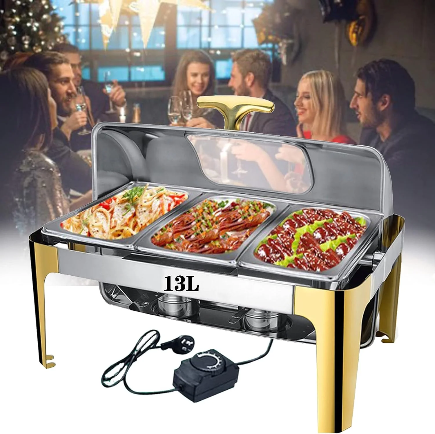 گرمکن غذا، ست گرمکن غذا، گرمکن برقی بوفه، گرمکن استیل ضد زنگ برای صبحانه، مناسب برای مصارف تجاری و خانگی، لوازم آشپزخانه (سایز 1/2 ظرف 9 لیتری)