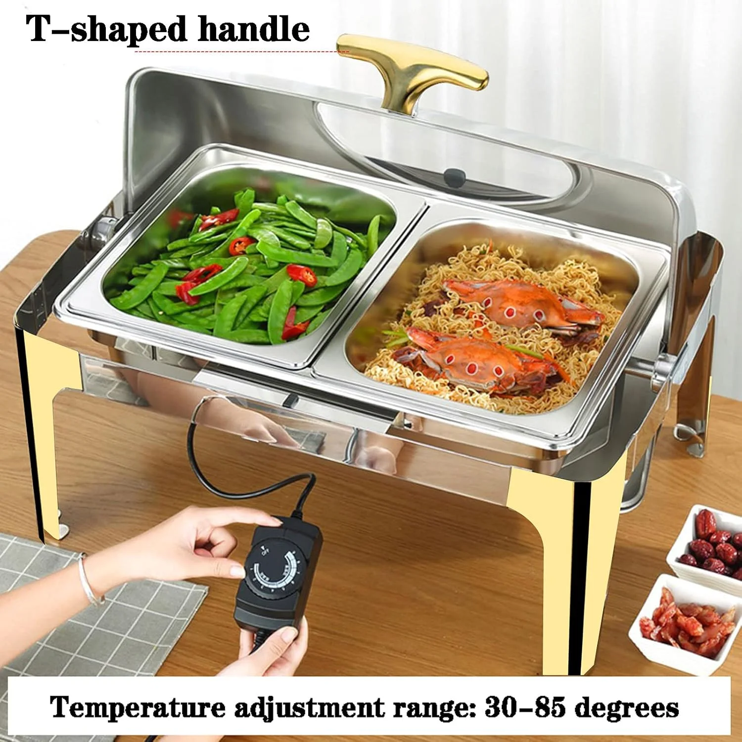 گرمکن غذا، ست گرمکن غذا، گرمکن برقی بوفه، گرمکن استیل ضد زنگ برای صبحانه، مناسب برای مصارف تجاری و خانگی، لوازم آشپزخانه (سایز 1/2 ظرف 9 لیتری)