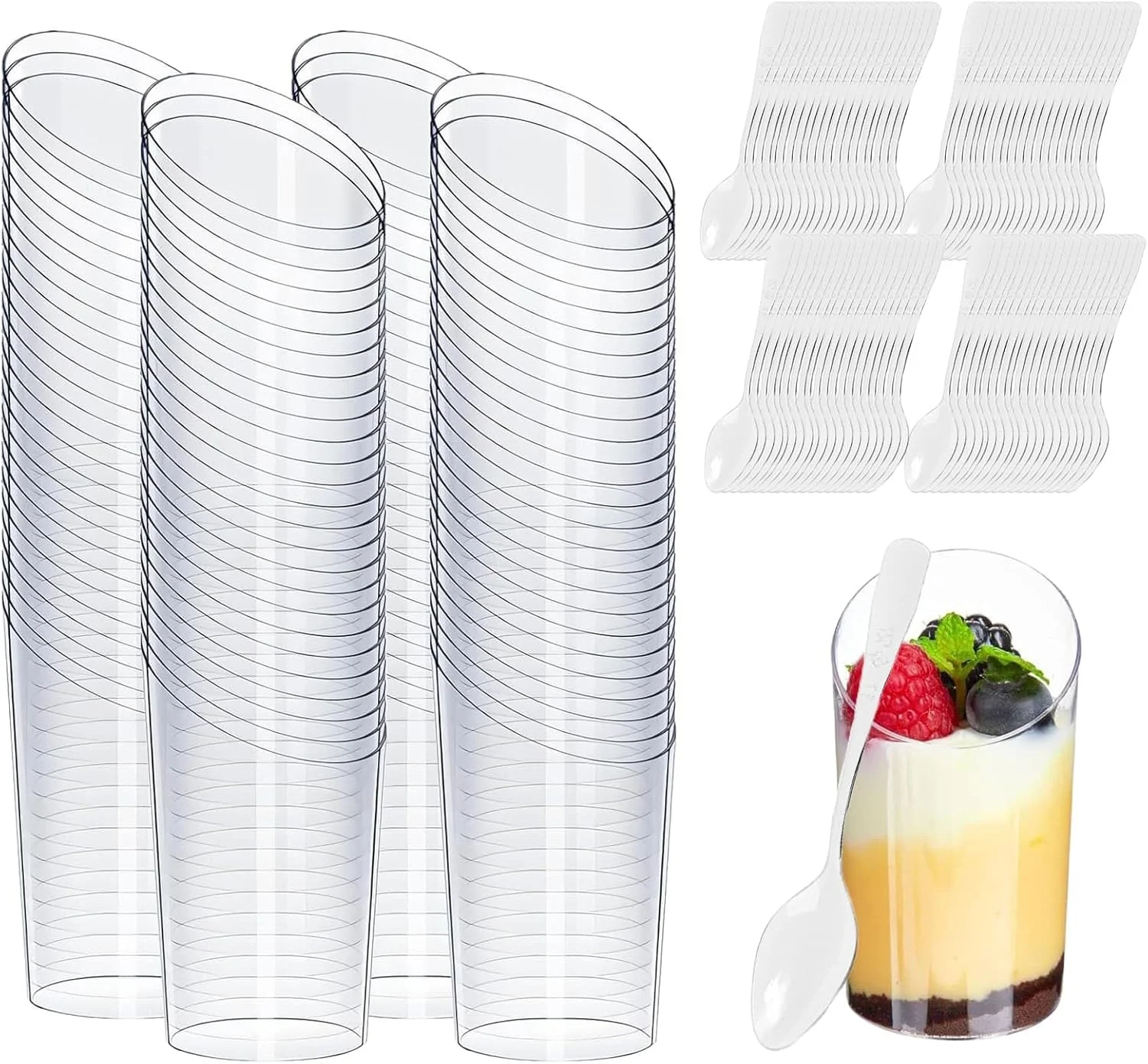 DYUEE بسته 80 عددی مینی فنجان دسر زاویه دار با 80 قاشق، کاسه های دسر سرو قابل استفاده مجدد 75 میلی لیتری، فنجان های پیش غذای شفاف پارفه برای موس پودینگ مهمانی (8.4 x 4 سانتی متر)