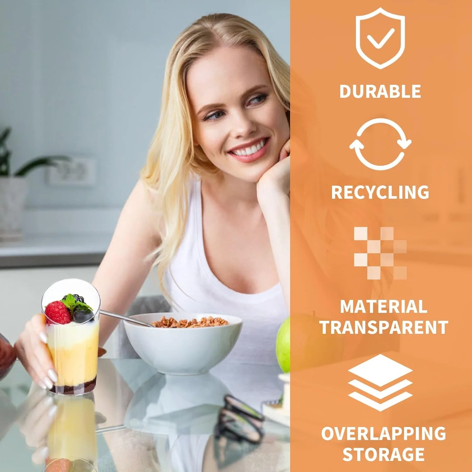 DYUEE بسته 80 عددی مینی فنجان دسر زاویه دار با 80 قاشق، کاسه های دسر سرو قابل استفاده مجدد 75 میلی لیتری، فنجان های پیش غذای شفاف پارفه برای موس پودینگ مهمانی (8.4 x 4 سانتی متر)