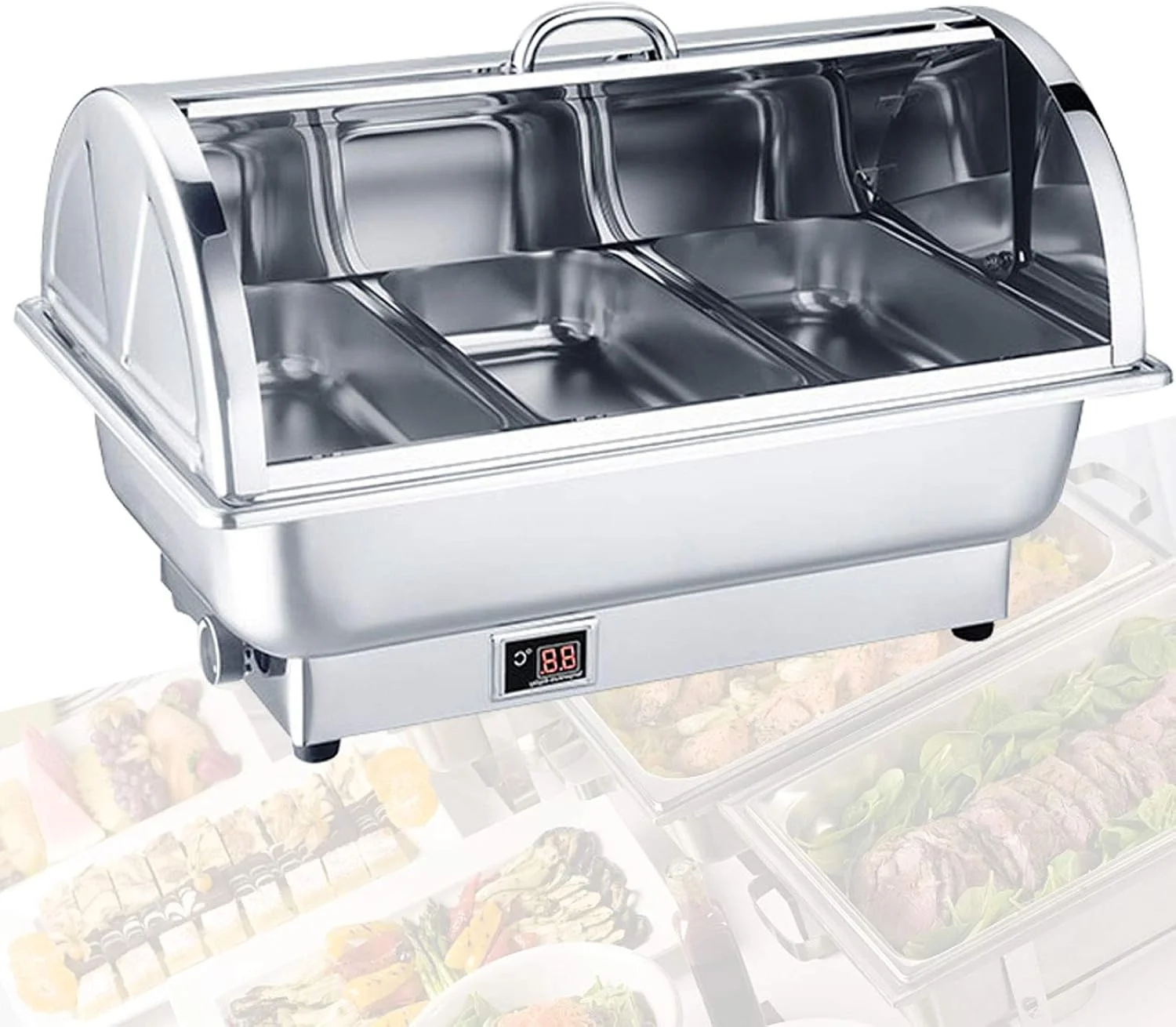 گرمکن غذا برقی استیل برای مهمانی ها و بوفه، با قابلیت تنظیم دما برای ضیافت ها، غذاخوری و لوازم پذیرایی (C)