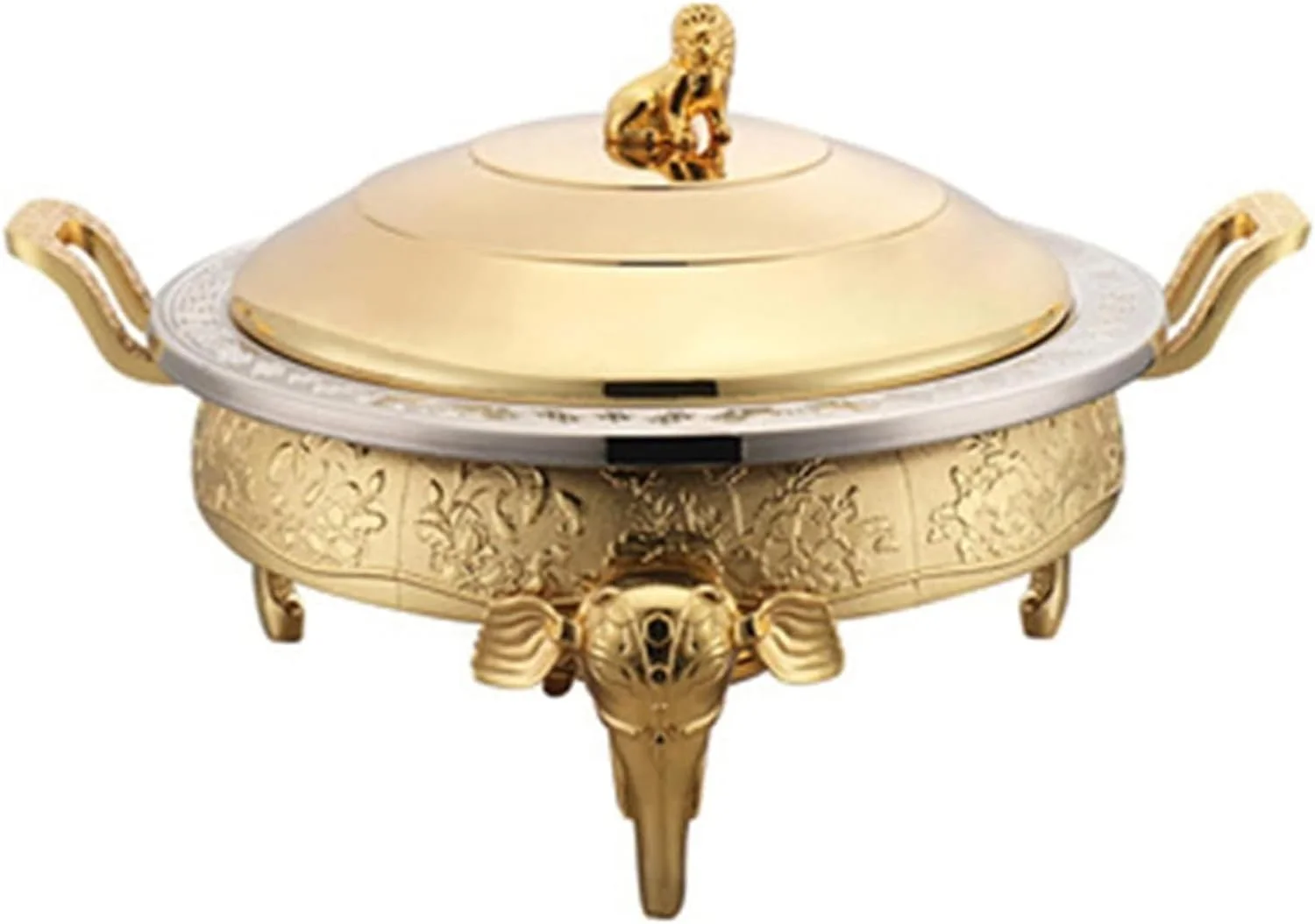 ست گرم نگهدارنده بوفه گرد استیل - ظروف گرم کننده غذا با ظروف غذا، نگهدارنده سوخت، درب قابلمه برای بوفه غذاخوری مهمانی آشپزخانه (طلایی)