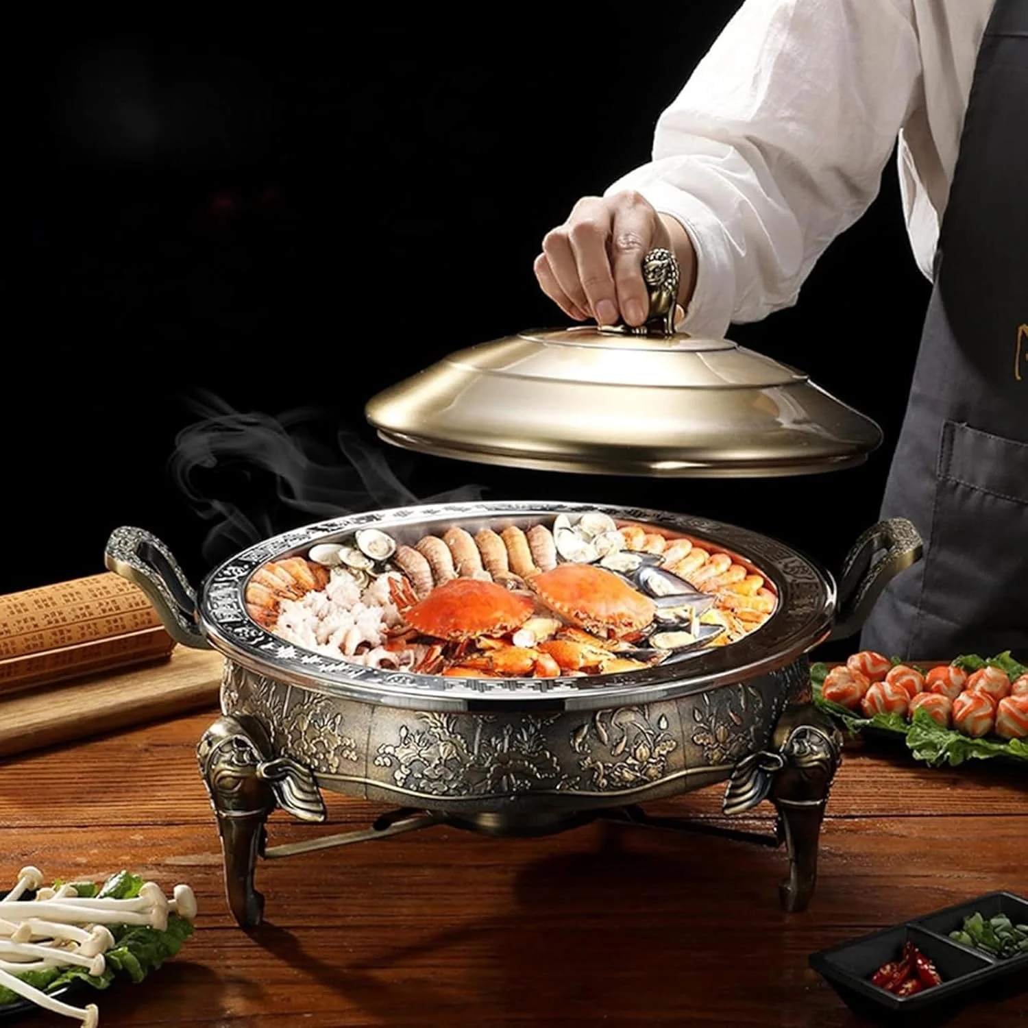 ست گرم نگهدارنده بوفه گرد استیل - ظروف گرم کننده غذا با ظروف غذا، نگهدارنده سوخت، درب قابلمه برای بوفه غذاخوری مهمانی آشپزخانه (طلایی)