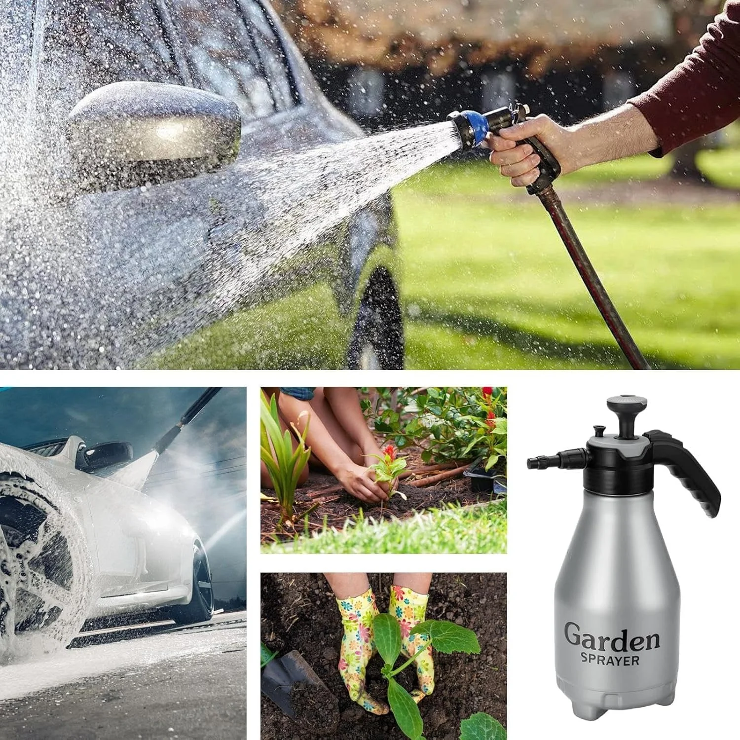 سمپاش دستی، سمپاش فشار قوی برای تمیز کردن خودرو، بطری مه پاش 2.5 لیتری، طراحی نازل قابل تنظیم، پمپ فشار دستی، برای مه پاشی گیاهان، مراقبت از چمن، شستشوی خودرو، فعالیت های حیاط و باغ، نقره ای