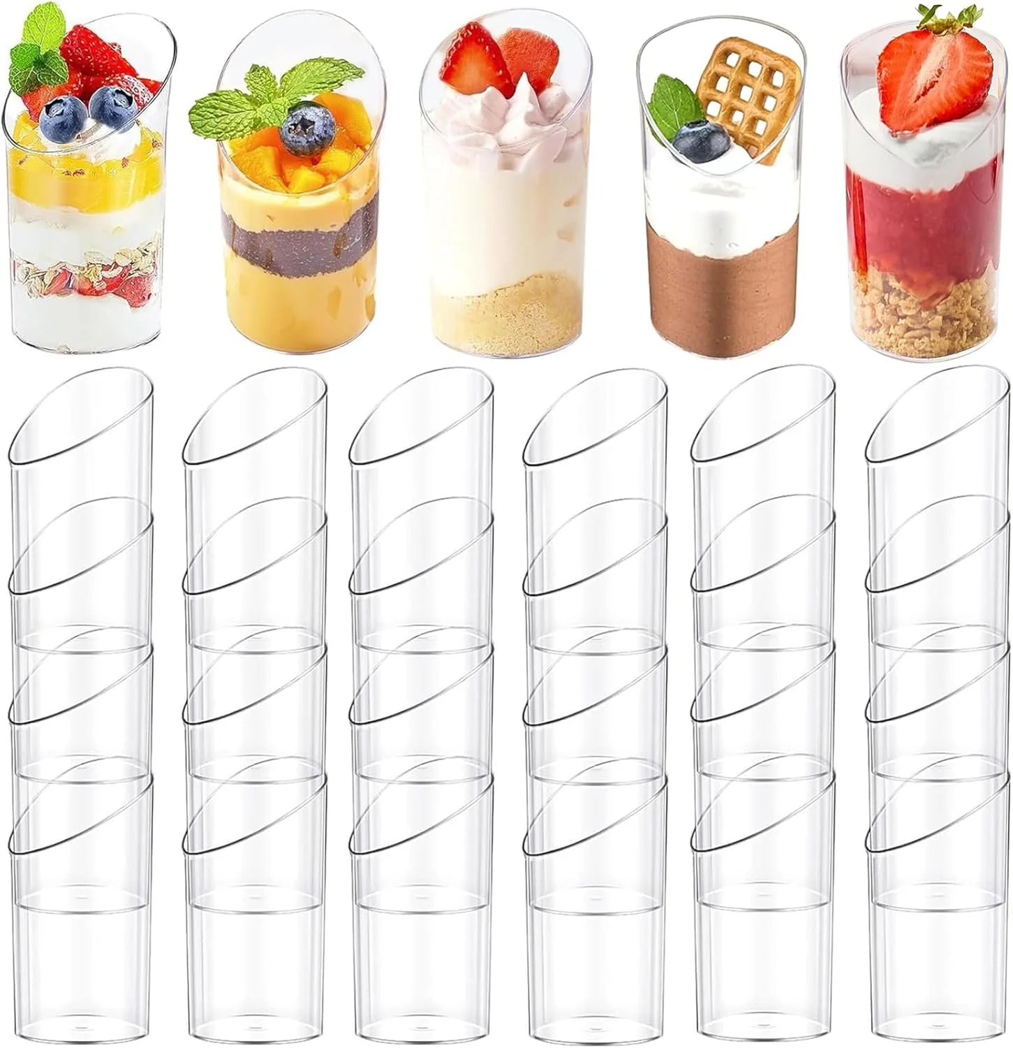 بسته 50 عددی مینی فنجان دسر، فنجان های دسر زاویه دار 75 میلی لیتری، کاسه های دسر مینی شفاف، گلدان های دسر تکی برای مهمانی، ماست، پارفه، پودینگ