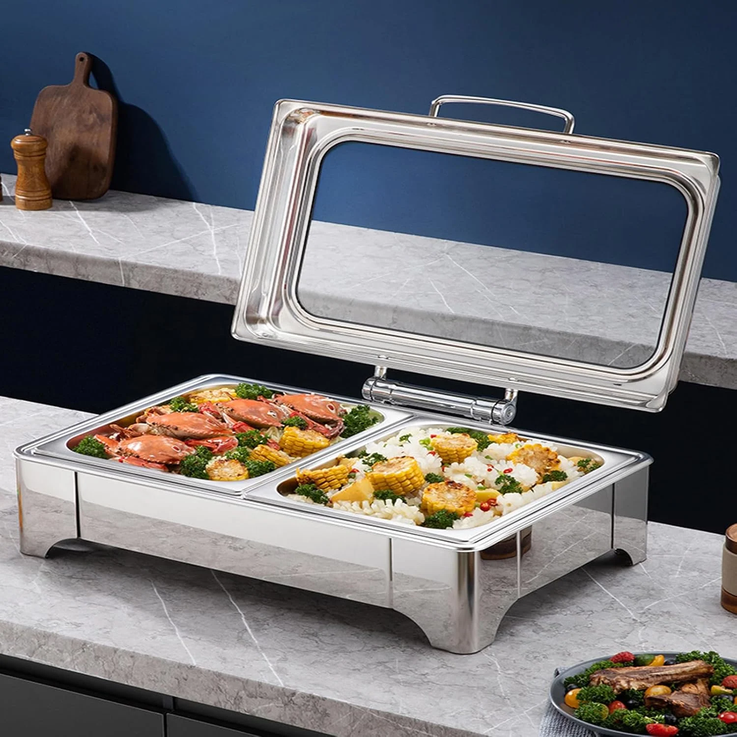 ظرف گرم نگهدارنده غذا استیل ضد زنگ، گرمکن بوفه رستورانی با ظروف مستطیلی و قاب تاشو برای مهمانی، تک خانه ظرف گرم نگهدارنده غذا استیل ضد زنگ، گرمکن بوفه رستورانی با ظروف مستطیلی و قاب تاشو برای مهمانی، تک خانه