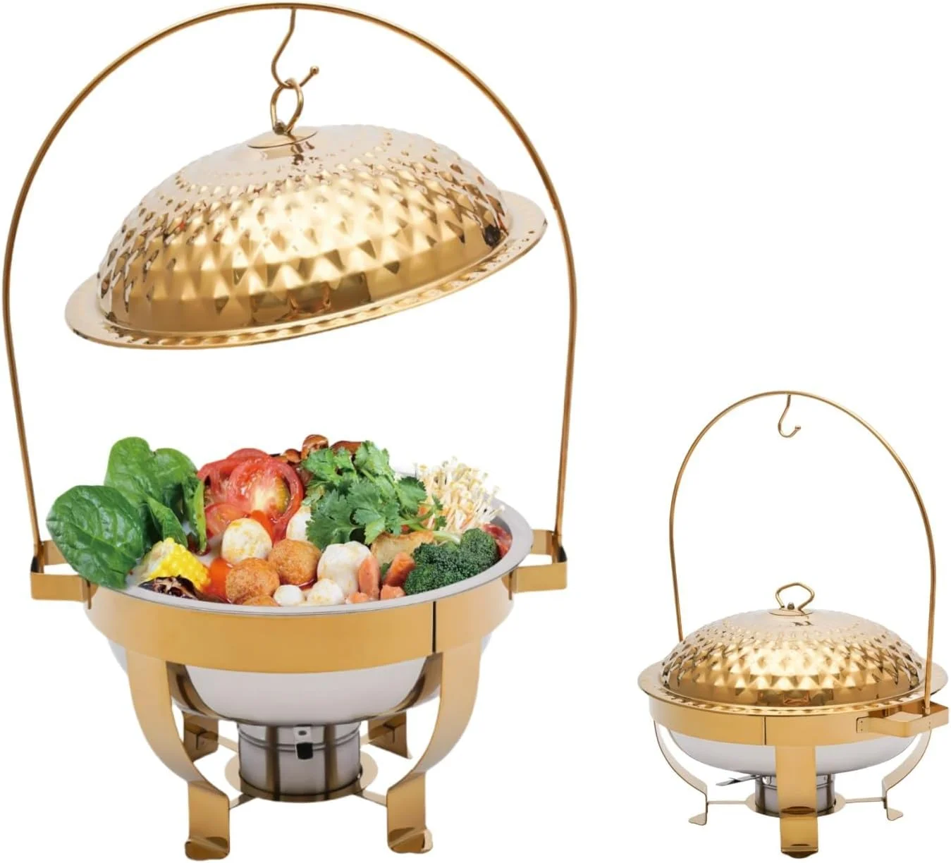 گرمکن غذا استیل ضد زنگ درب آویز، ظرف گرم نگهدارنده غذا بوفه گرد 8 لیتری مناسب برای عروسی، مهمانی، رستوران، ضیافت، نقره ای - 8 لیتر (طلایی 6 لیتر)