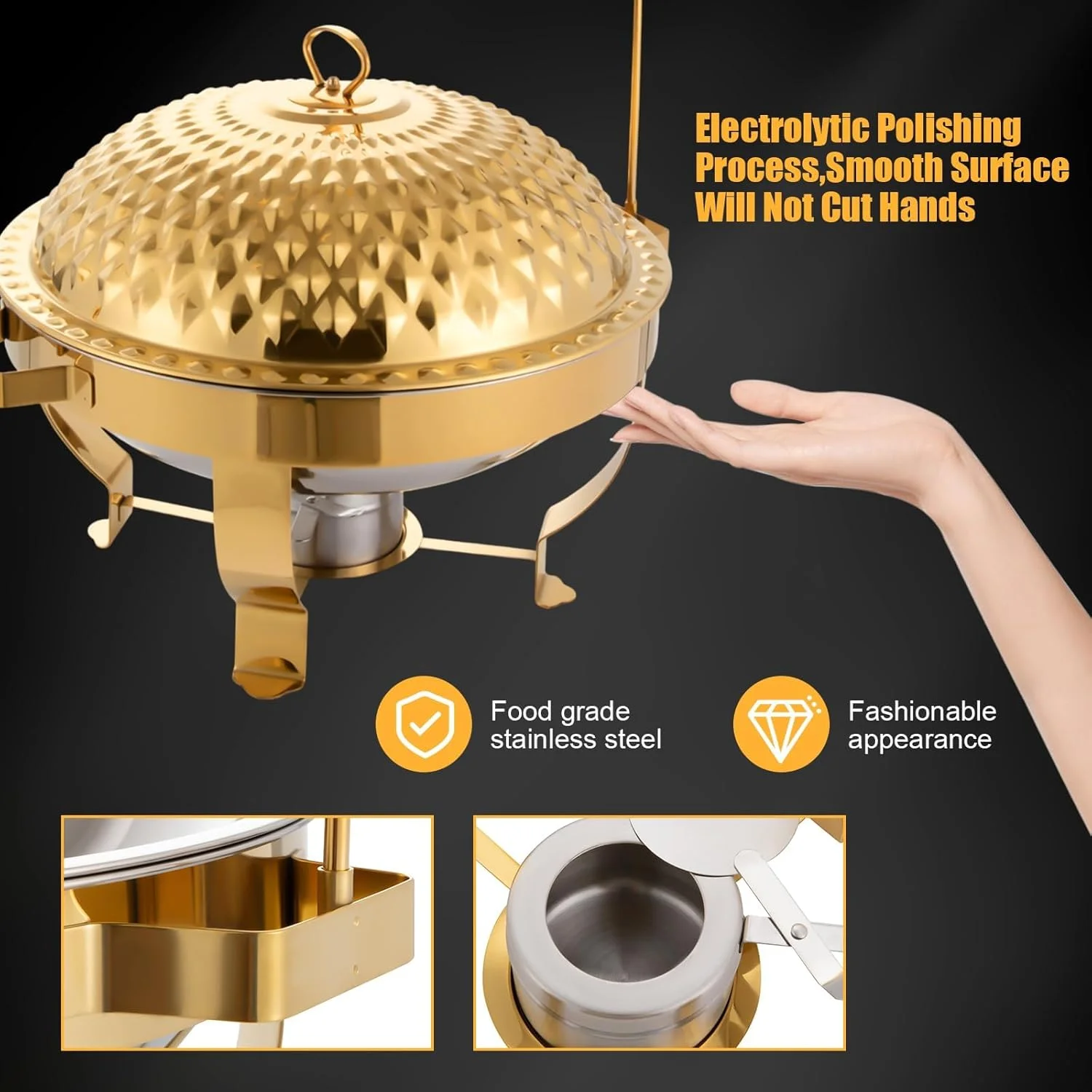 گرمکن غذا استیل ضد زنگ درب آویز، ظرف گرم نگهدارنده غذا بوفه گرد 8 لیتری مناسب برای عروسی، مهمانی، رستوران، ضیافت، نقره ای - 8 لیتر (طلایی 6 لیتر)