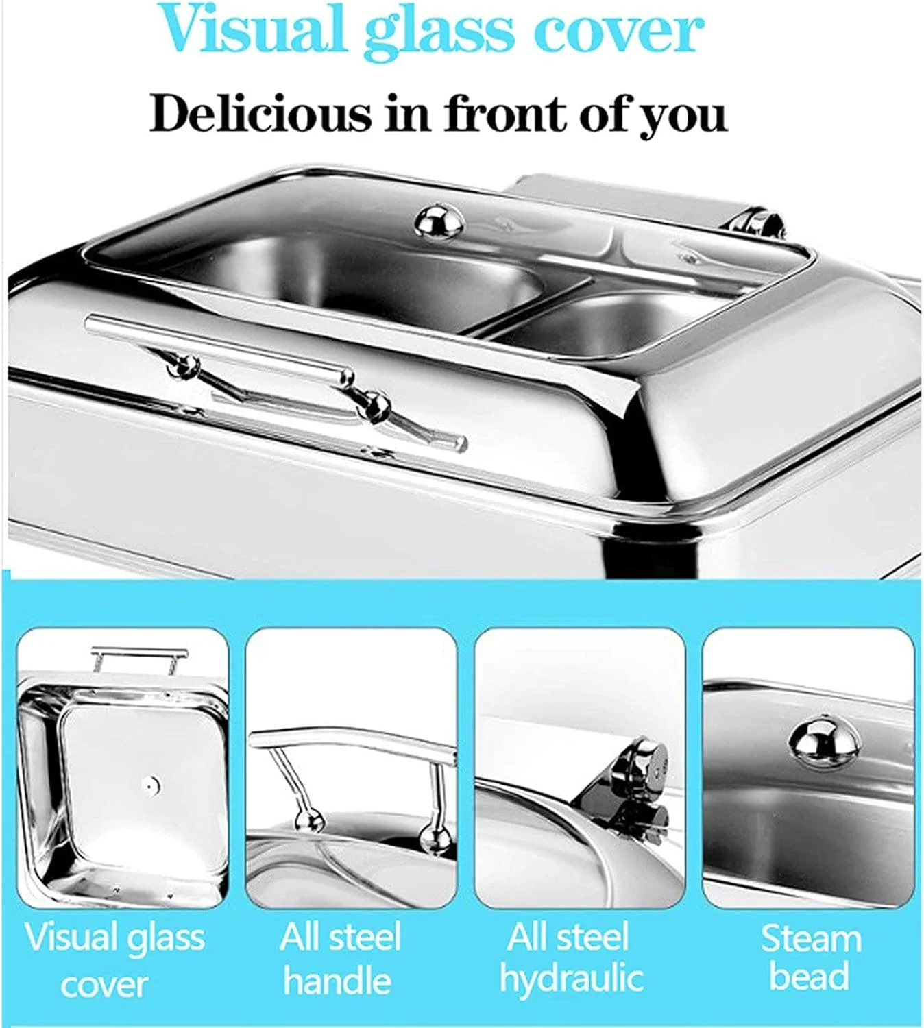 گرمکن غذای پذیرایی 6 لیتری استیل ضد زنگ، ست گرمکن بوفه با درب شیشه ای برای ضیافت، تنظیم درجه حرارت، مدل A, B گرمکن غذای پذیرایی 6 لیتری استیل ضد زنگ، ست گرمکن بوفه با درب شیشه ای برای ضیافت، تنظیم درجه حرارت، مدل A, B